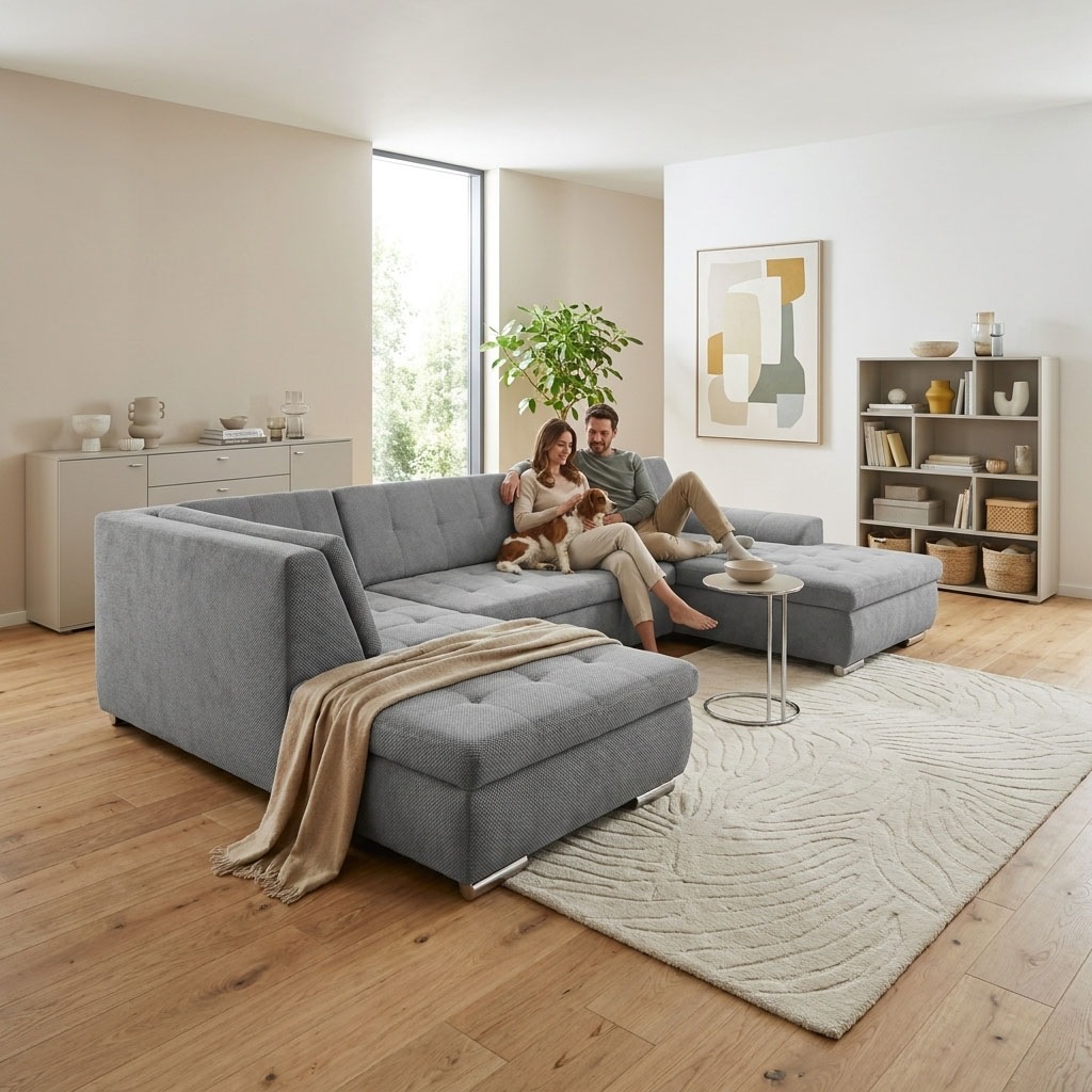 OTTO home Wohnlandschaft "Torrnby 360 x 201 cm, mit Steppungen, modern & stabil" mit Schlaffunktion, U-Form, aus Pet Friendly Bezug