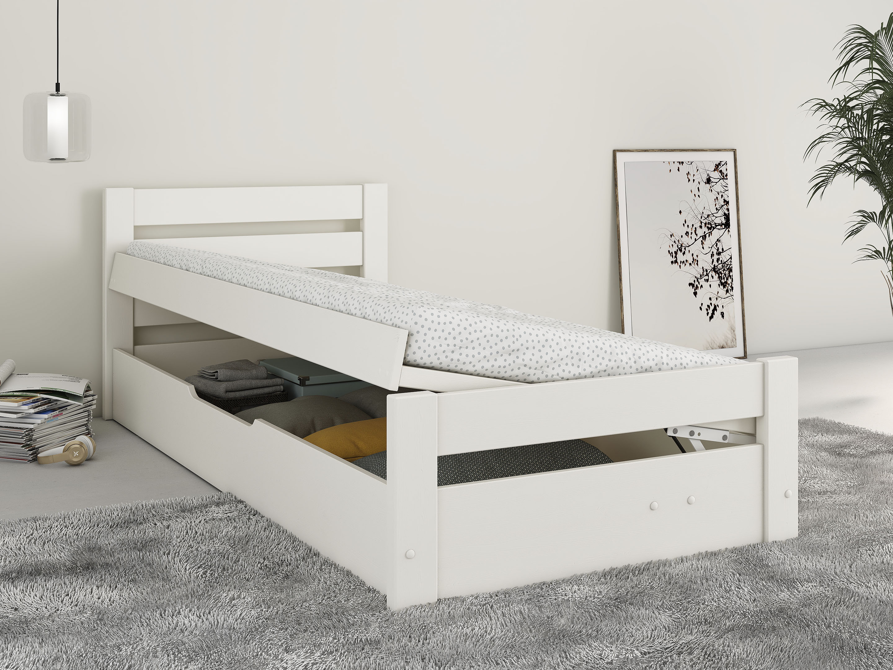 OTTO home Massivholzbett ""GODJE " zertifiziertes Massivholz (Kiefer)" Bettkasten beidseitig montierbar (rechts oder links zu öffnen), seitlich aufklappbarer Bettkasten mit viel Stauraum, skandinavisch