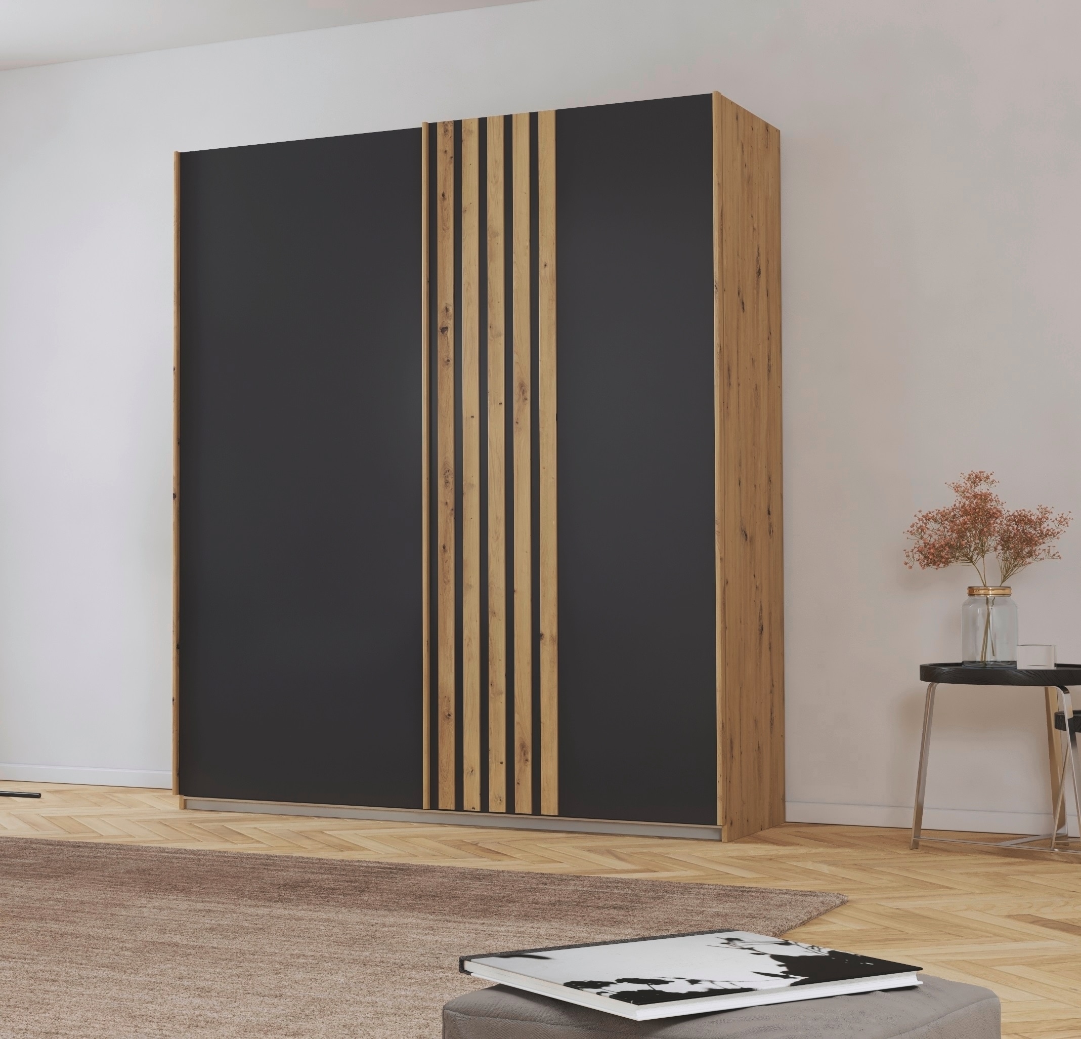 rauch Schwebetürenschrank »Kleiderschrank Schrank Garderobe MOSBACH«, moderne Lamellen-Auflage in 3D Akustikpaneel Optik MADE IN GERMANY