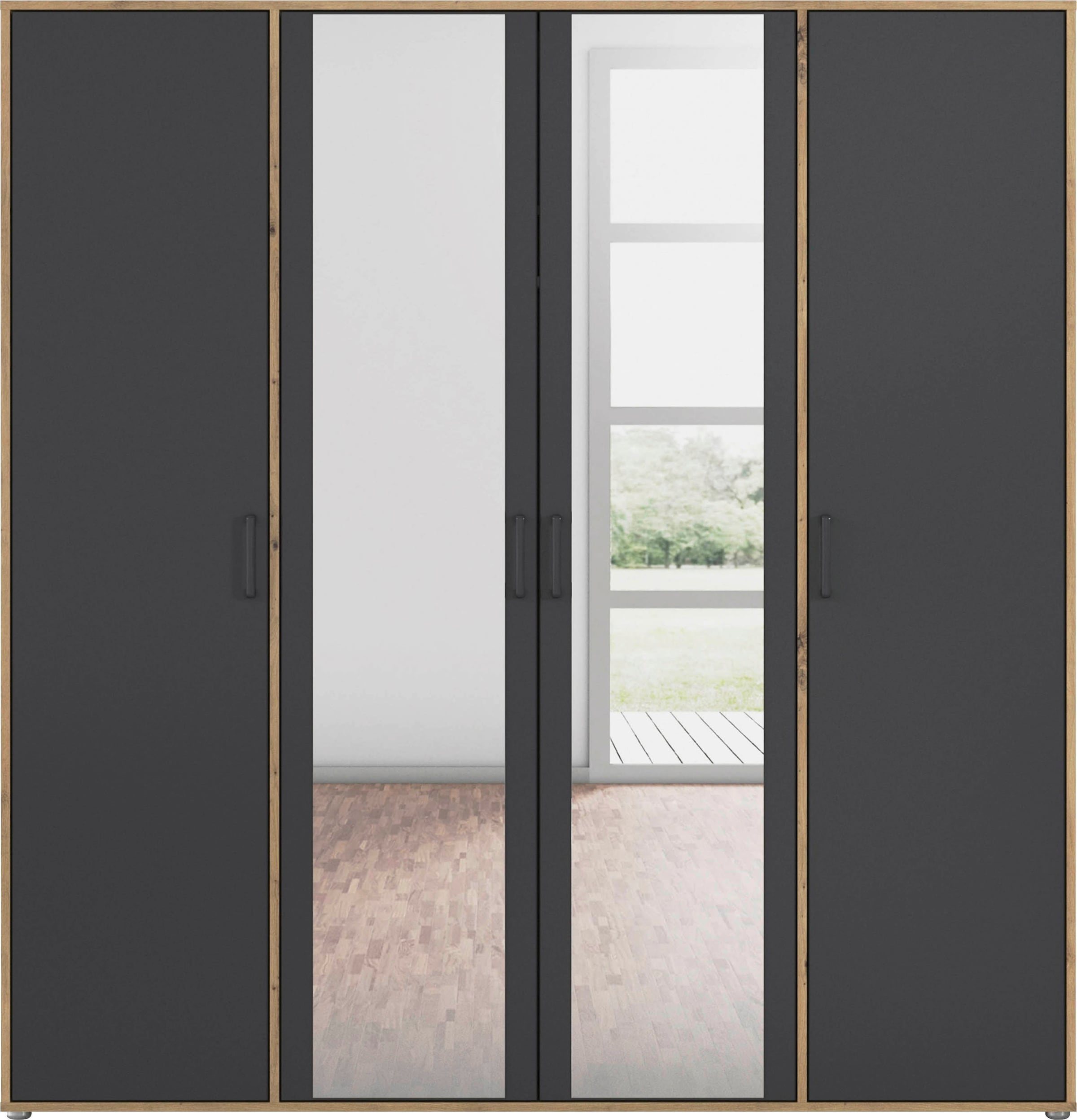 rauch Drehtürenschrank »Kleiderschrank Schrank Garderobe Wäscheschrank VOYAGER«, (in 3 verschiedenen Ausstattungen BASIC/CLASSIC/PREMIUM), mit modernen Griffen in Graumetallic und Spiegel