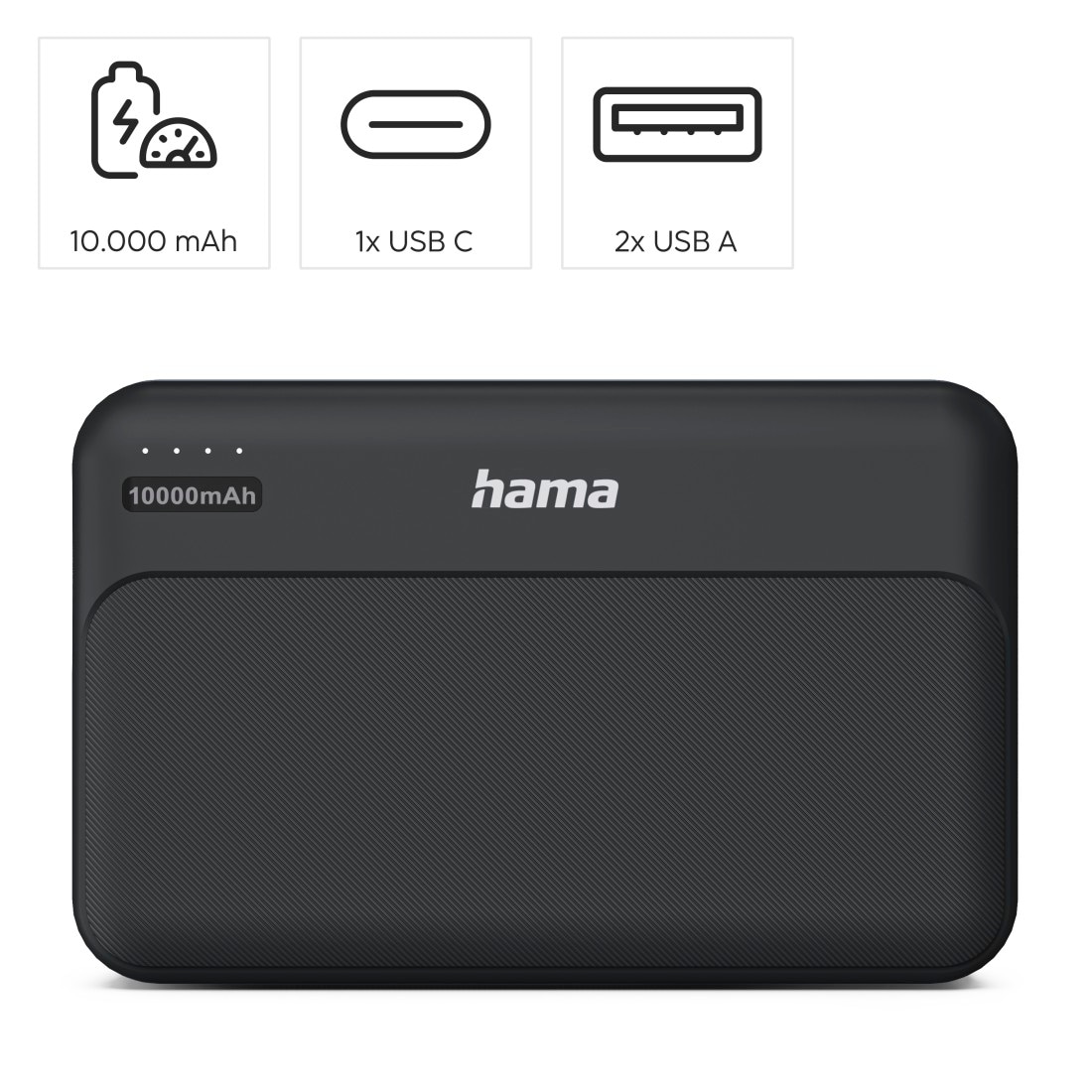 Hama Powerbank »Powerbank 10000 mAh mit 2x USB-A und USB-C Anthrazit« Fast Charge, LED-Kapazitätsanzeige, 2x USB-A, Schutzfunktionen