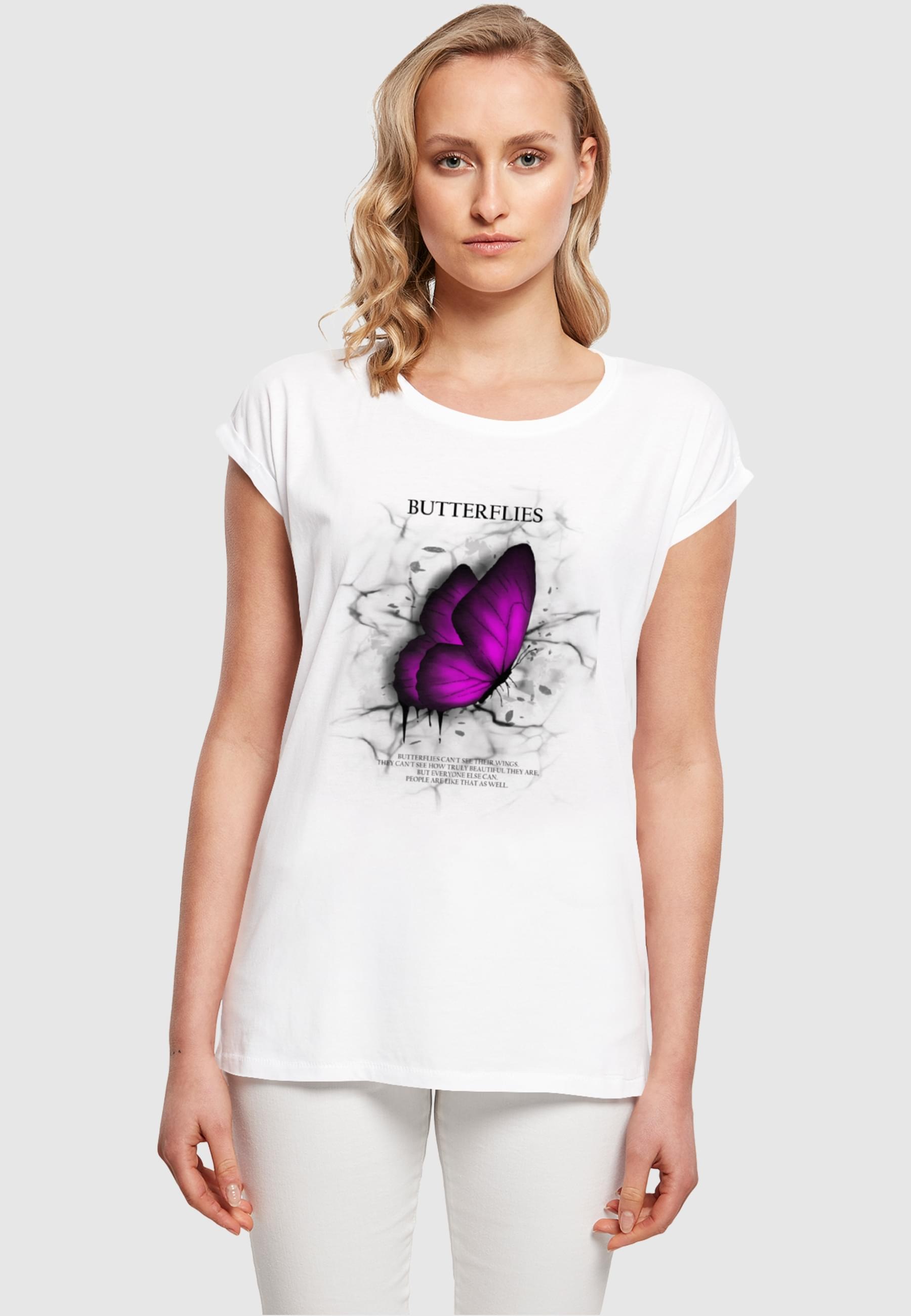 Merchcode T-Shirt »Merchcode Damen Ladies Butterflies Extended Shoulder Tee«, (1 tlg.)