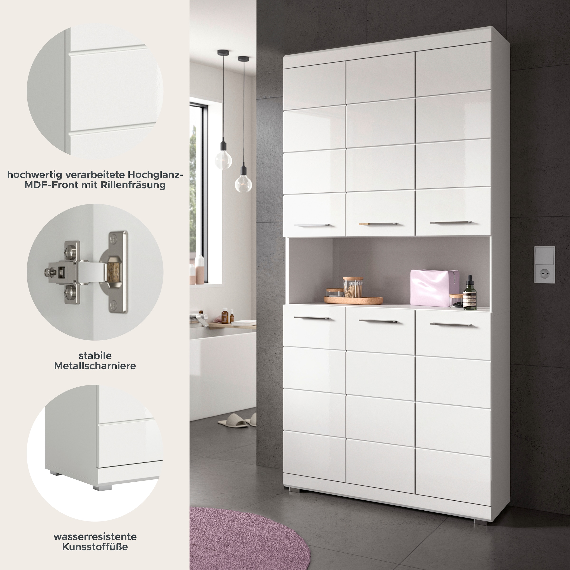 welltime Hochschrank »SIENA, Höhe 191cm, 6 Türen, 1 offenes Fach, 8 Einlegeböden, MDF-Front« TOPSELLER! Viel Stauraum,  Badmöbel, Badschrank, Badezimmer, Mehrzweckschrank, Universalschrank