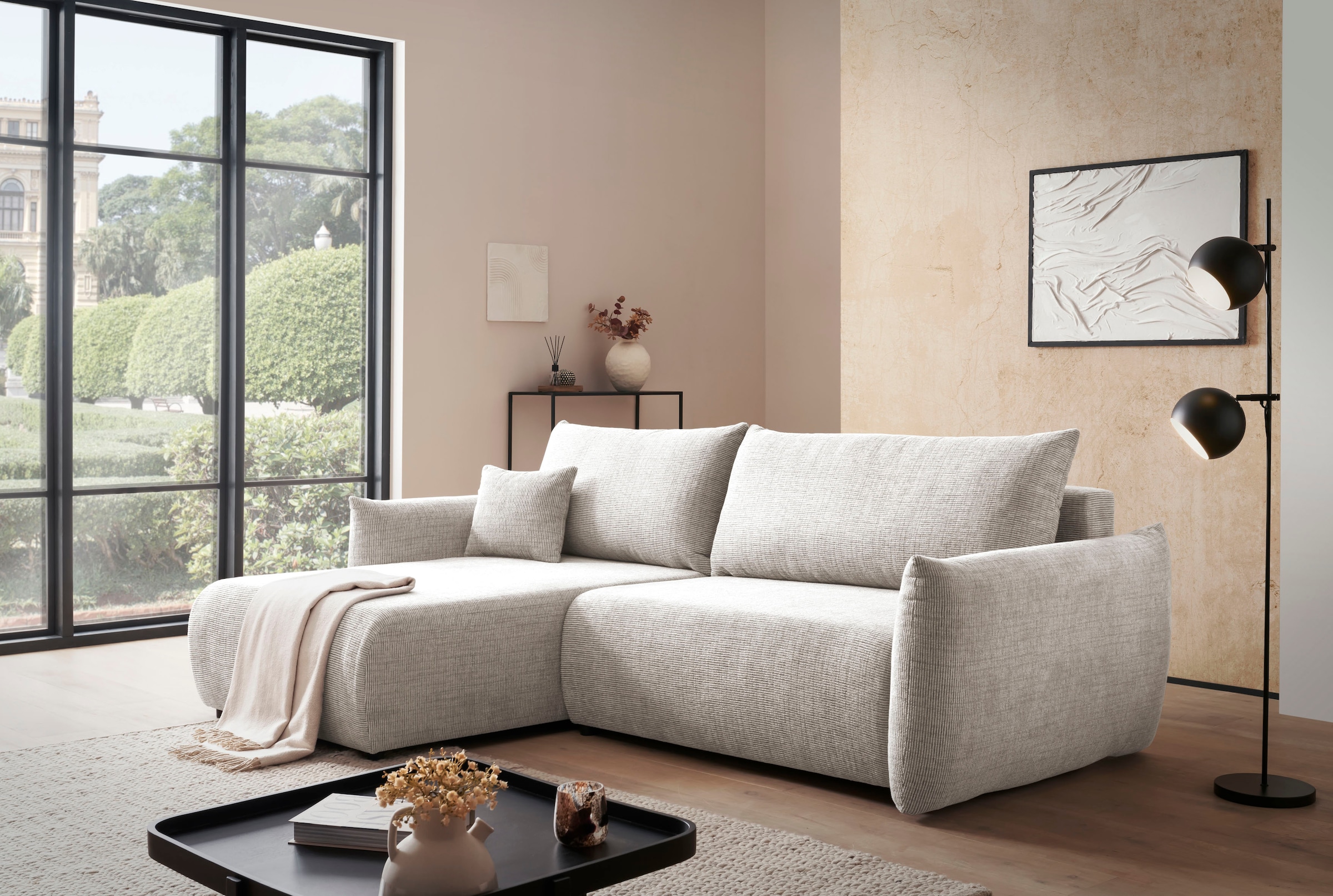 INOSIGN Ecksofa »MAVAS Schlafsofa mit Bettkasten, L-Form,«, ca.257/127cm (Liegefläche 212/145 cm), Cord, Chenille, Struktur