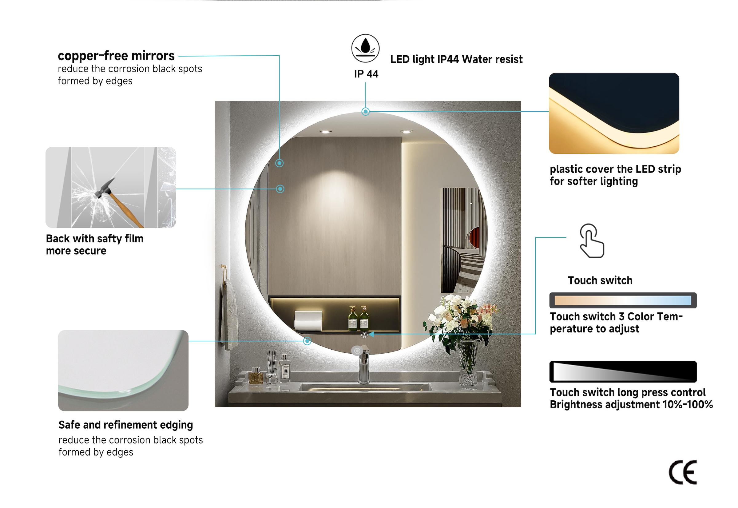 welltime LED-Lichtspiegel »Toledo rund, Spiegel mit LED Beleuchtung, Badspiegel« mit Anti-Fog Beschichtung