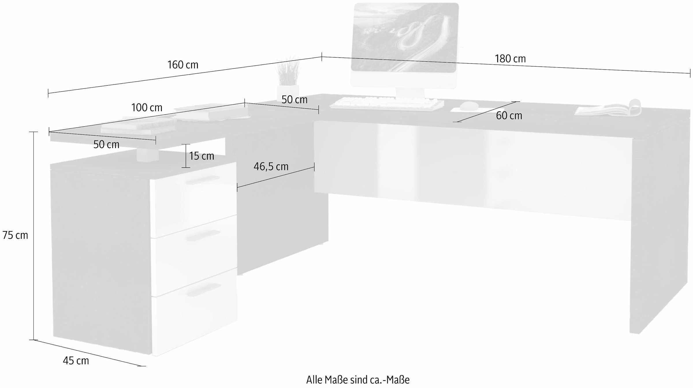 INOSIGN Eckschreibtisch »New Selina«, Schreibtisch, Schubkästen, mit oder ohne Monitoraufsatz, B 180/160 cm