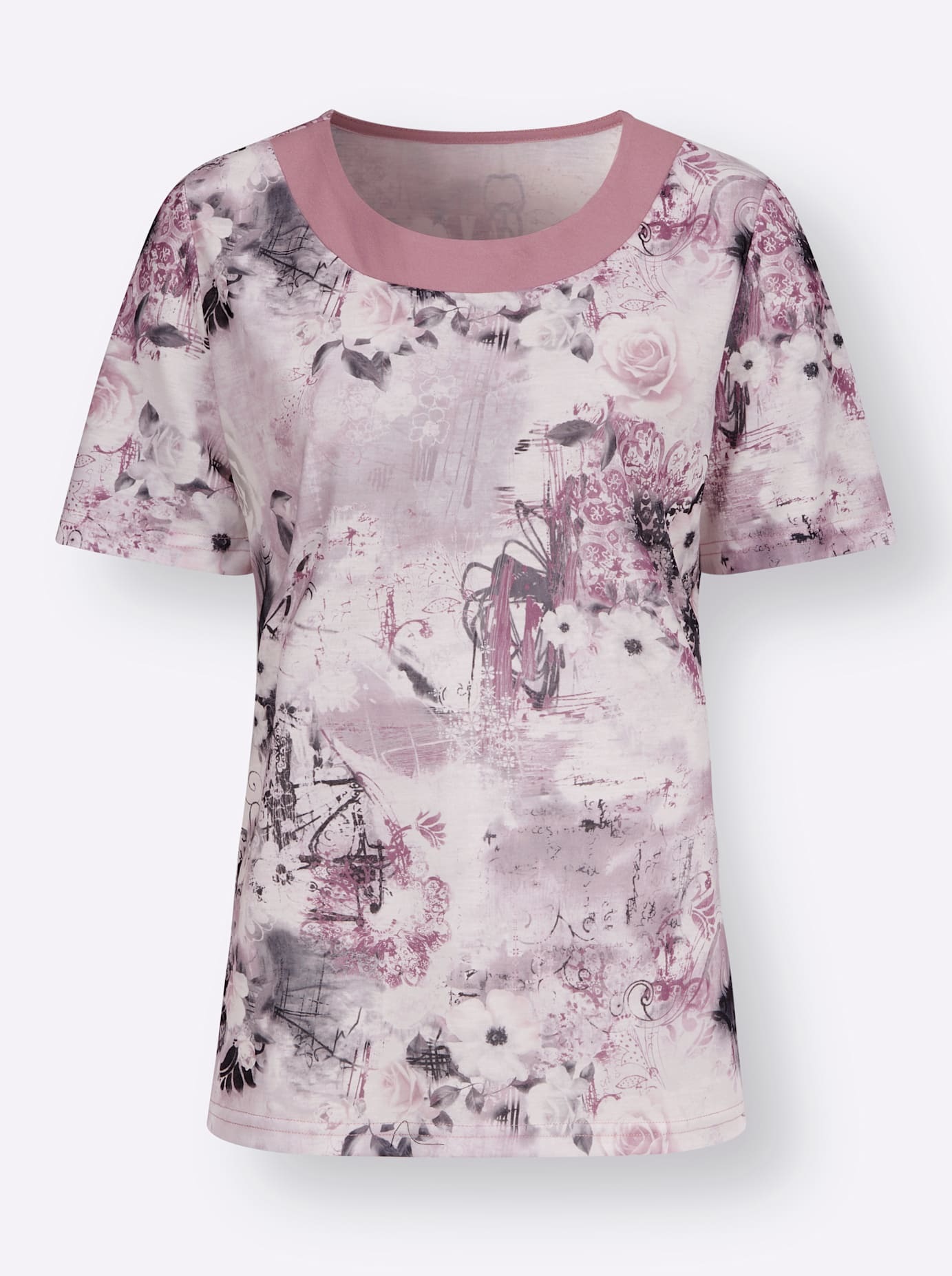 Kurzarmshirt CLASSIC BASICS "Kurzarm-Shirt", Damen, Gr. 48, lila (mauve, steingrau, bedruckt), 100% Polyester, geblümt, gemustert, mehrfarbig, Rundhals, Shirts 3