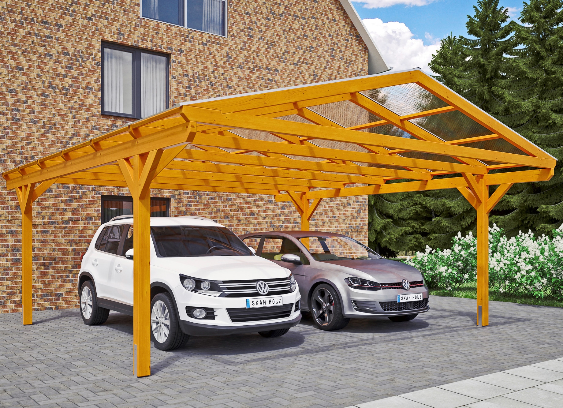 Skanholz Doppelcarport "Westerwald" Leimholz 534 cm hellbraun