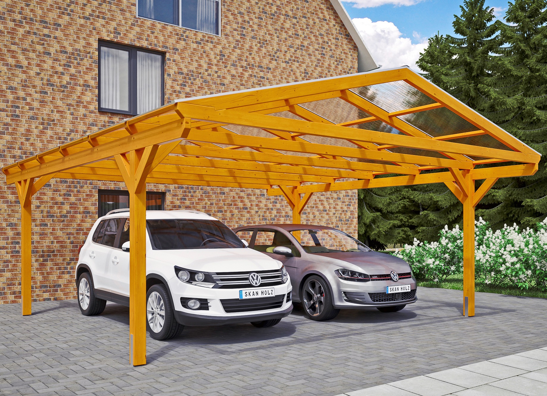 Skanholz Doppelcarport "Westerwald", Leimholz-Nordisches Fichtenholz, 534 cm, hellbraun