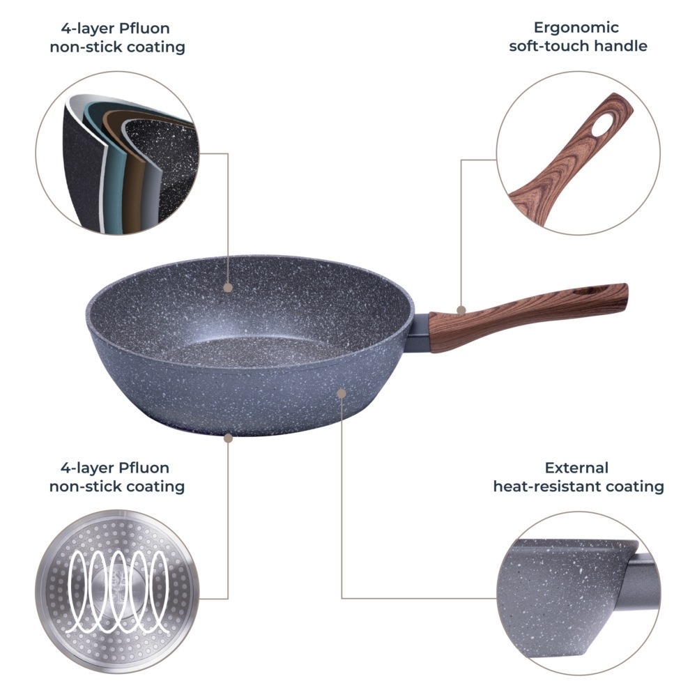 RESTO Kitchenware Bratpfanne »Aquila, tiefe Schmorpfanne langlebig und spülmaschinenfest«, Aluminium, (1 tlg.), mit ergonomischem weichem Griff in Holzoptik