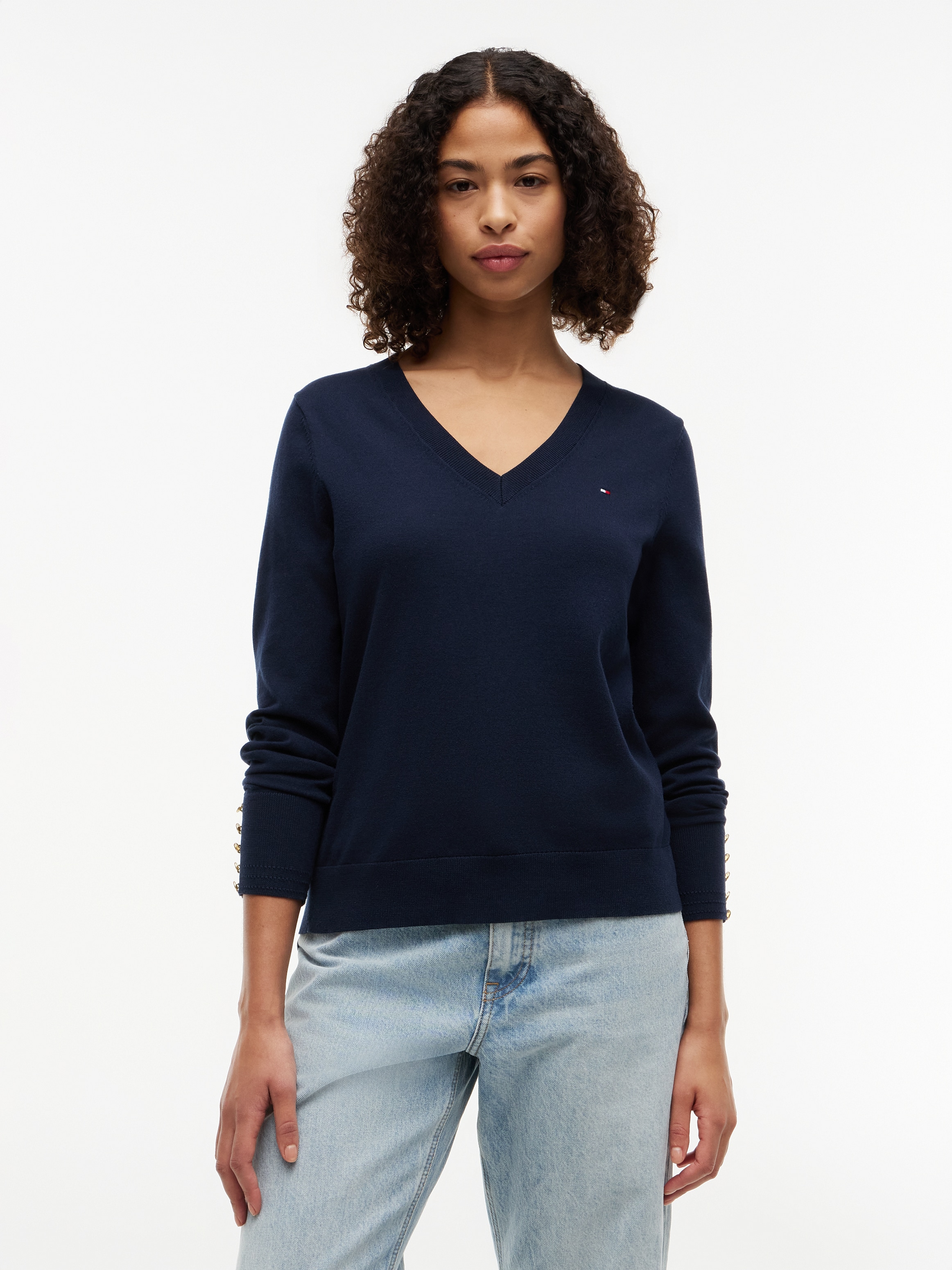 Tommy Hilfiger Strickpullover »STITCH V-NECK« mit Knopfdetail am Ärmel, Regular Fit