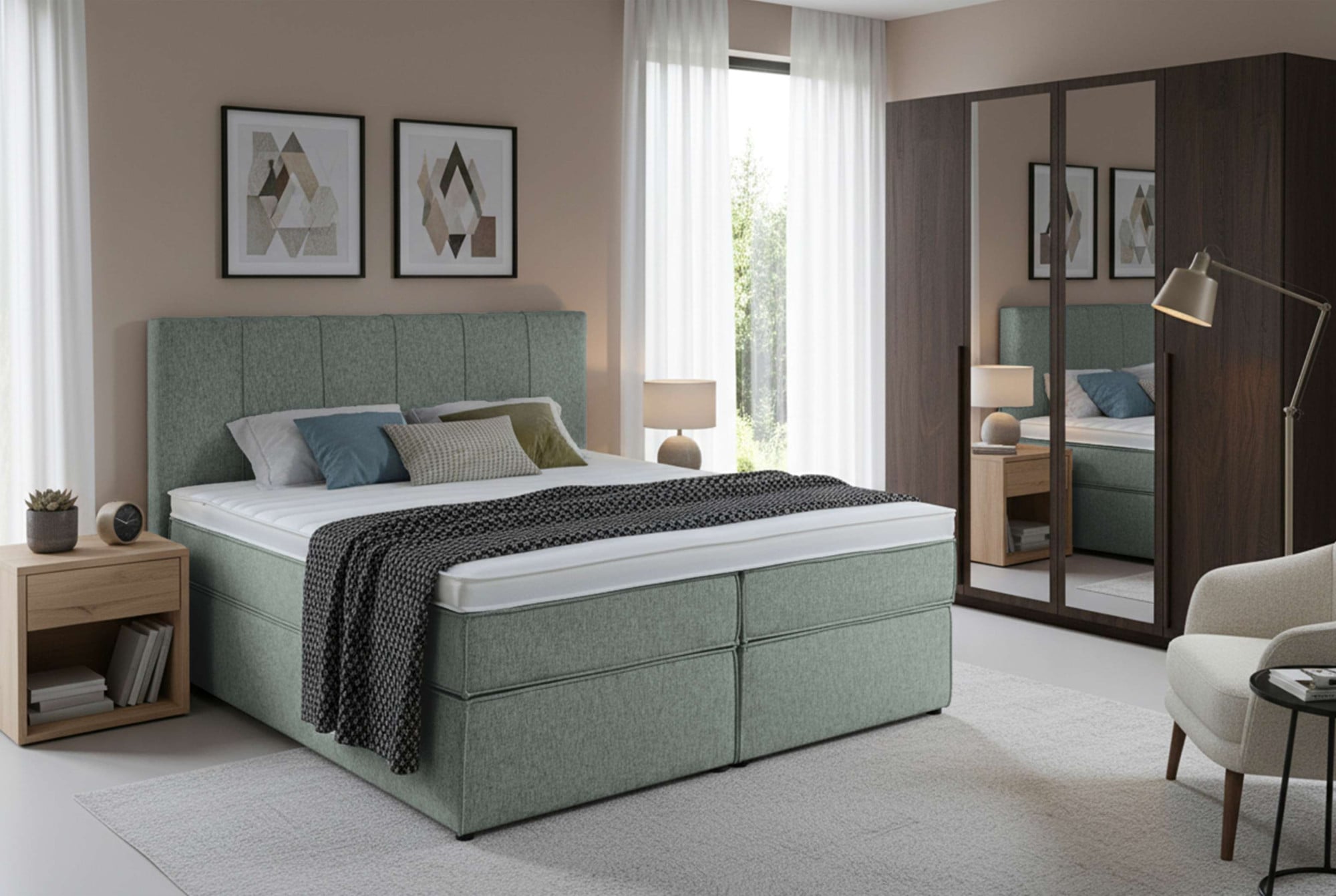 Home affaire Boxspringbett "Leon, Doppelbett, Polsterbett, Federkernbett, Komfortbett, 160, 180 cm" inkl. 9 cm Topper, 5-Zonen-Taschen-Federkernmatratze in H3