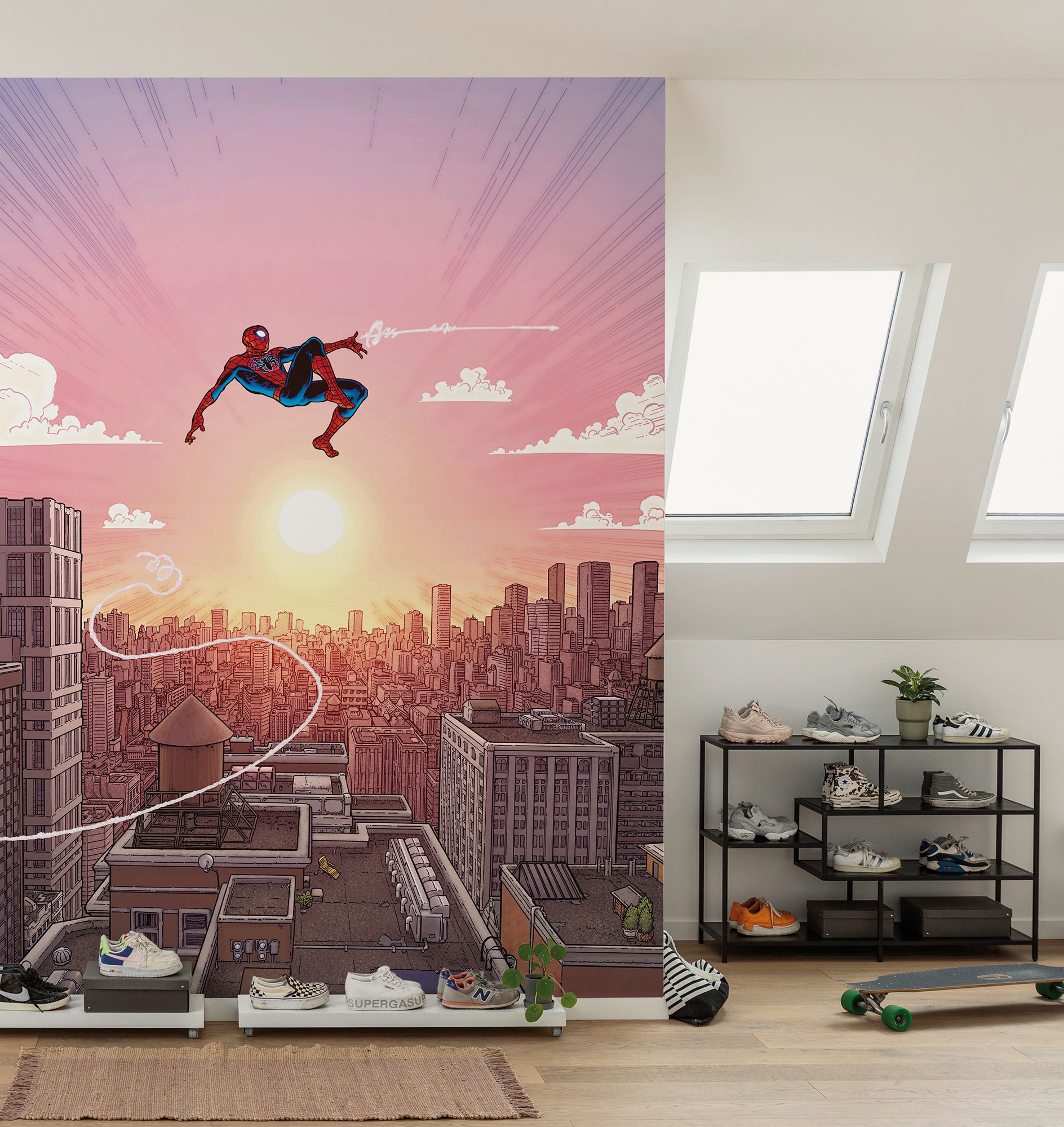 KOMAR Kindertapete "Marvel Spider-Man Swinging Through the Air", B/L: 200m, Rollen: 1, rosa, Tapeten