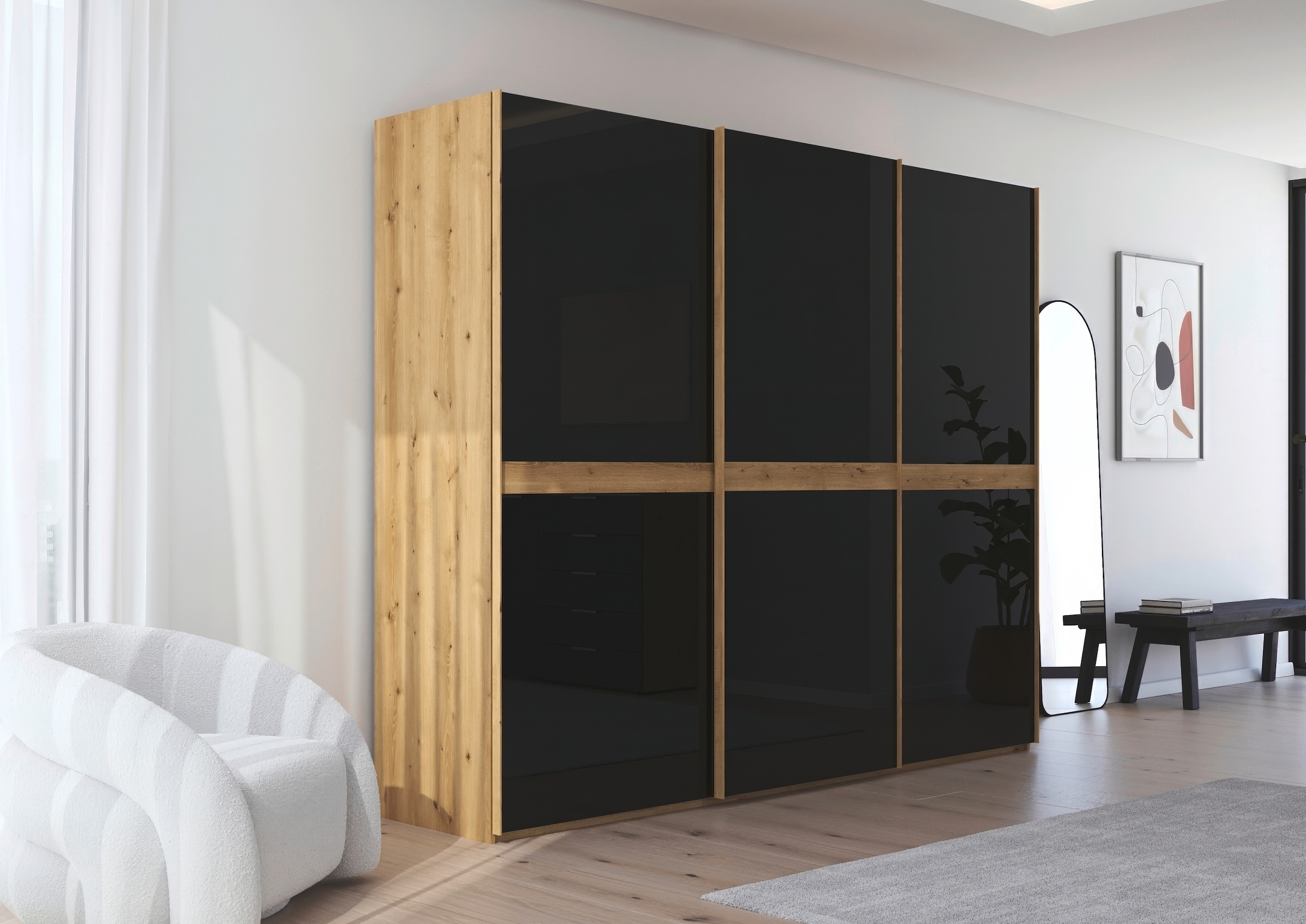 rauch Schwebetürenschrank »Kleiderschrank Schrank Garderobe Schlafzimmerschrank SCALE-LINE«, edle Optik mit Bauchbinde in Korpusfarbe mit Glasfront MADE IN GERMANY