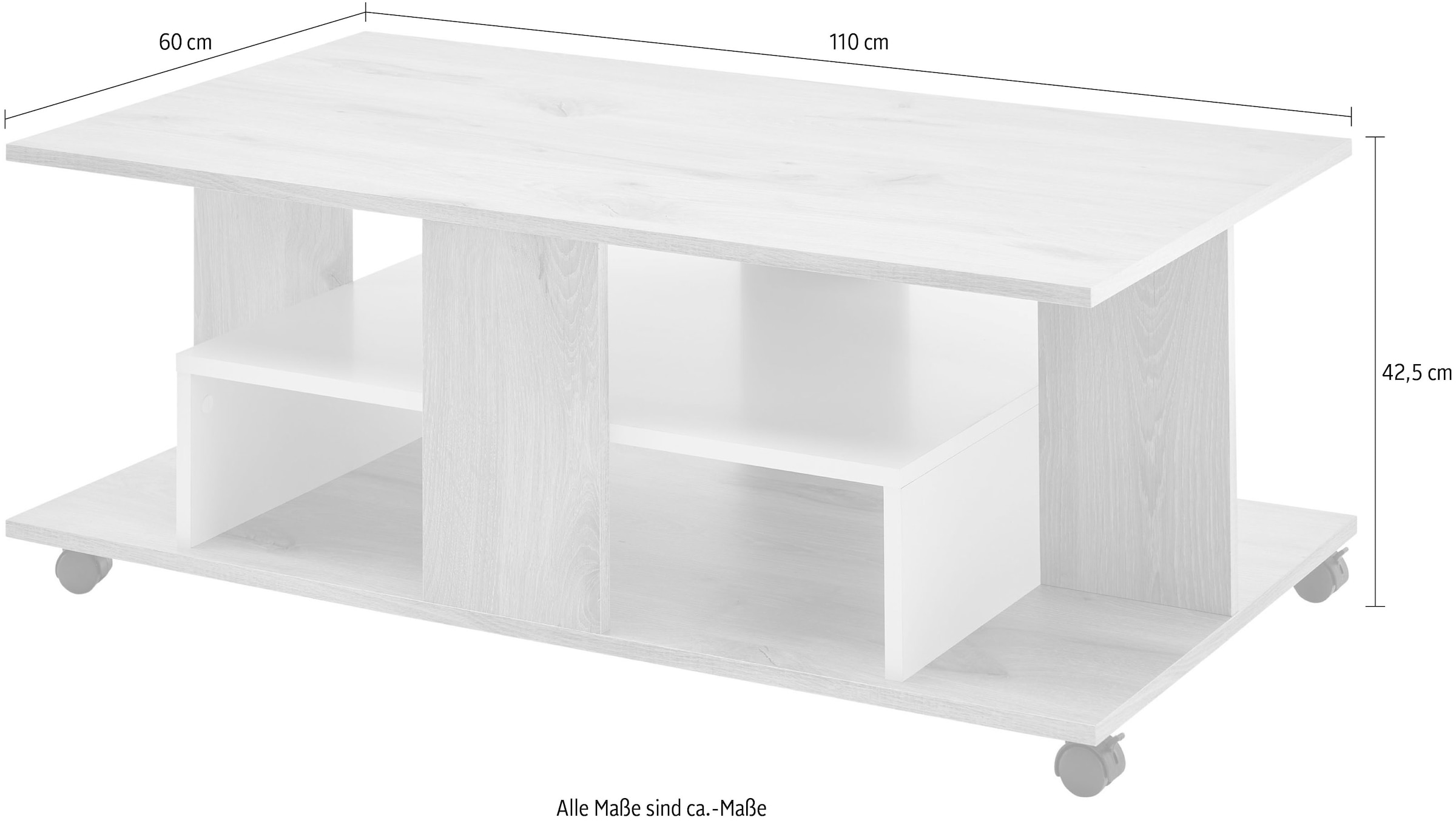 Stolkom Couchtisch »Marti rollbar mit Ablageböden, Rima Oak weiß, BxHxT 110x42,5x60 cm«, Rollbar, mehrere Ablageböden in Rima Oak weiß