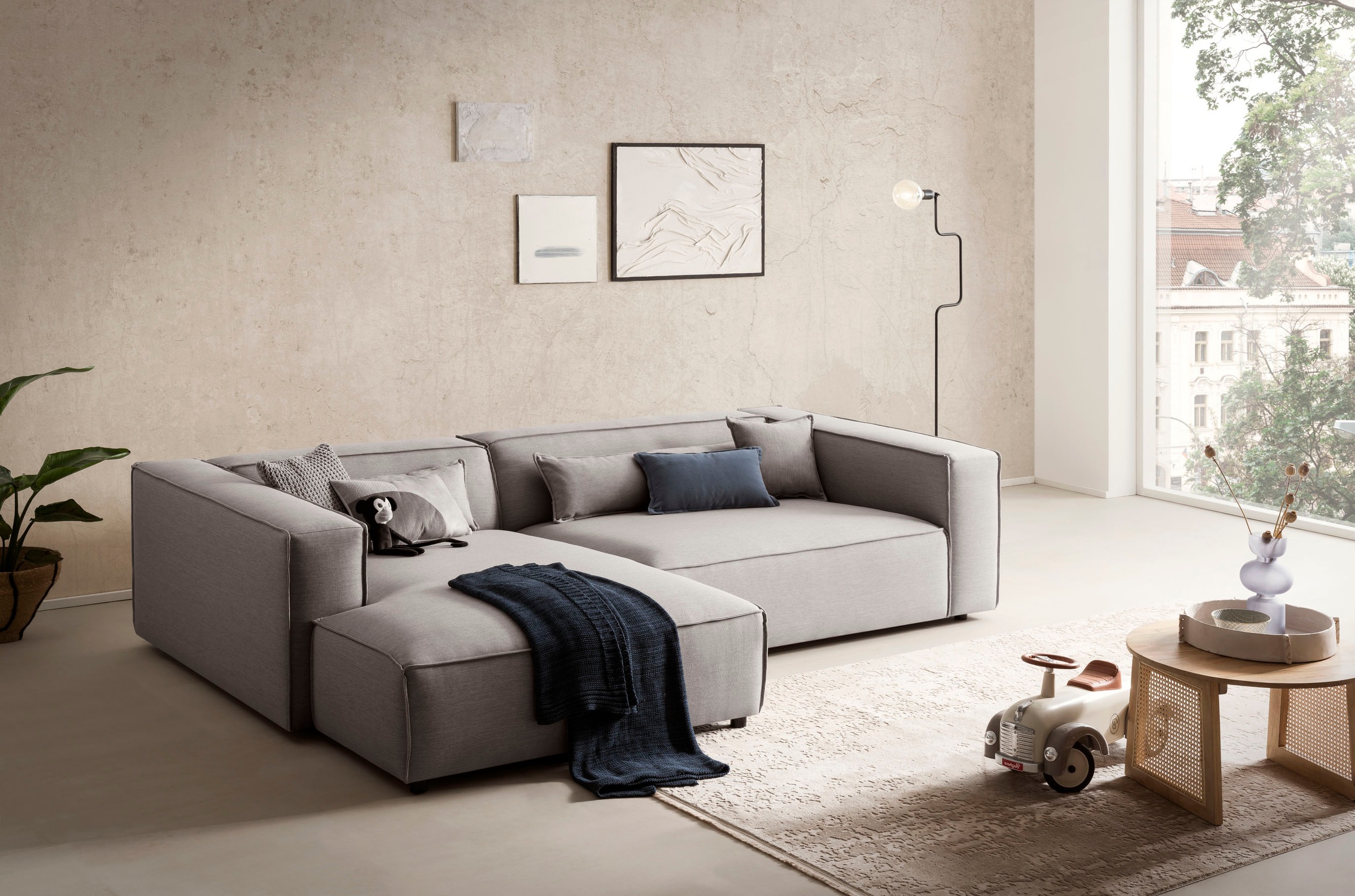LeGer Home by Lena Gercke Ecksofa »PIARA XXL, Big-Sofa in Cord oder Leinenoptik, L-Form, mit Kedernaht«, wahlweise Ottomane rechts/links, schwarze Füße, extra tiefe Sitzfläche
