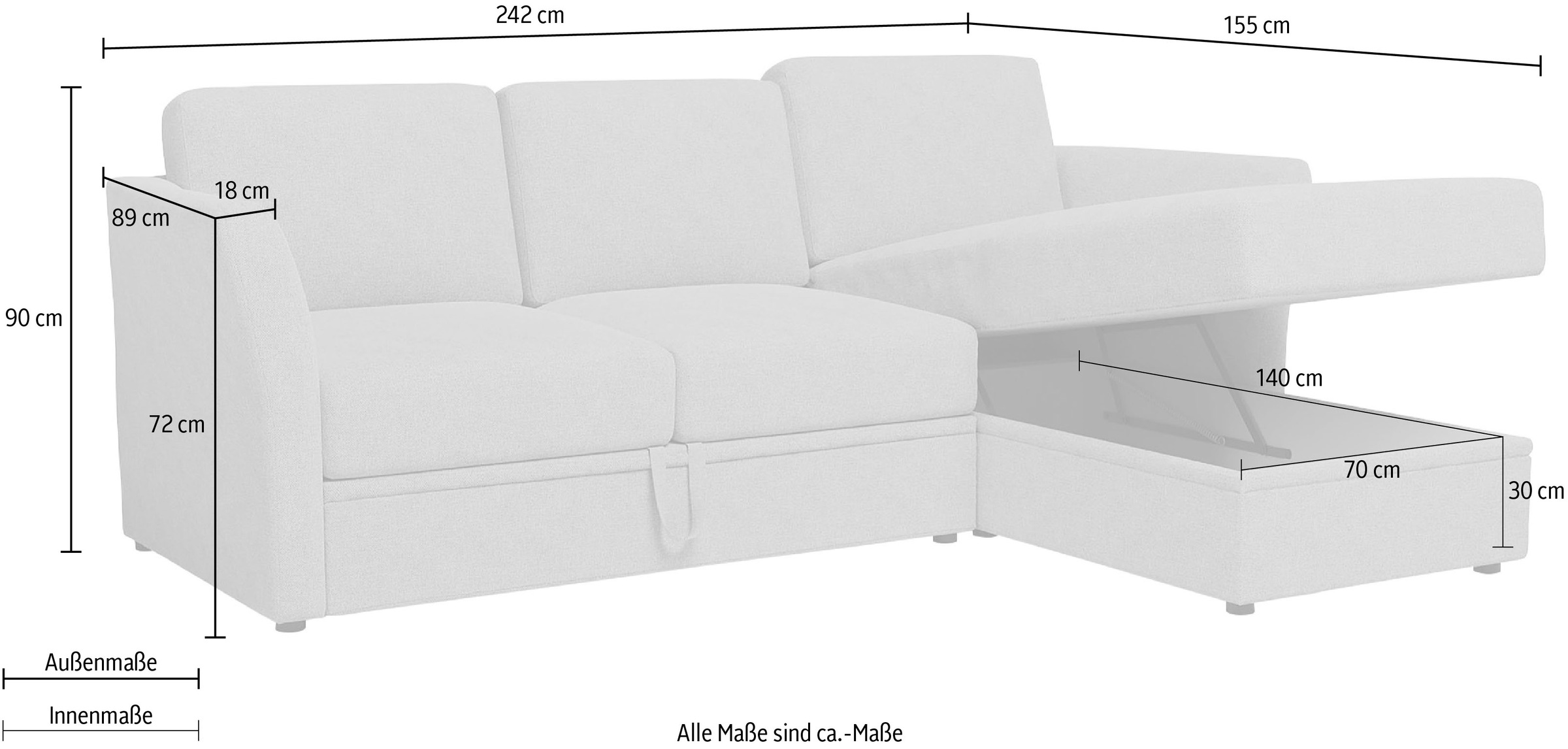 Home affaire Ecksofa »Lavars, L-Form, Schlafsofa«, mit Bettfunktion und Stauraum, in zwei verschiedenen Bezugsqualitäten