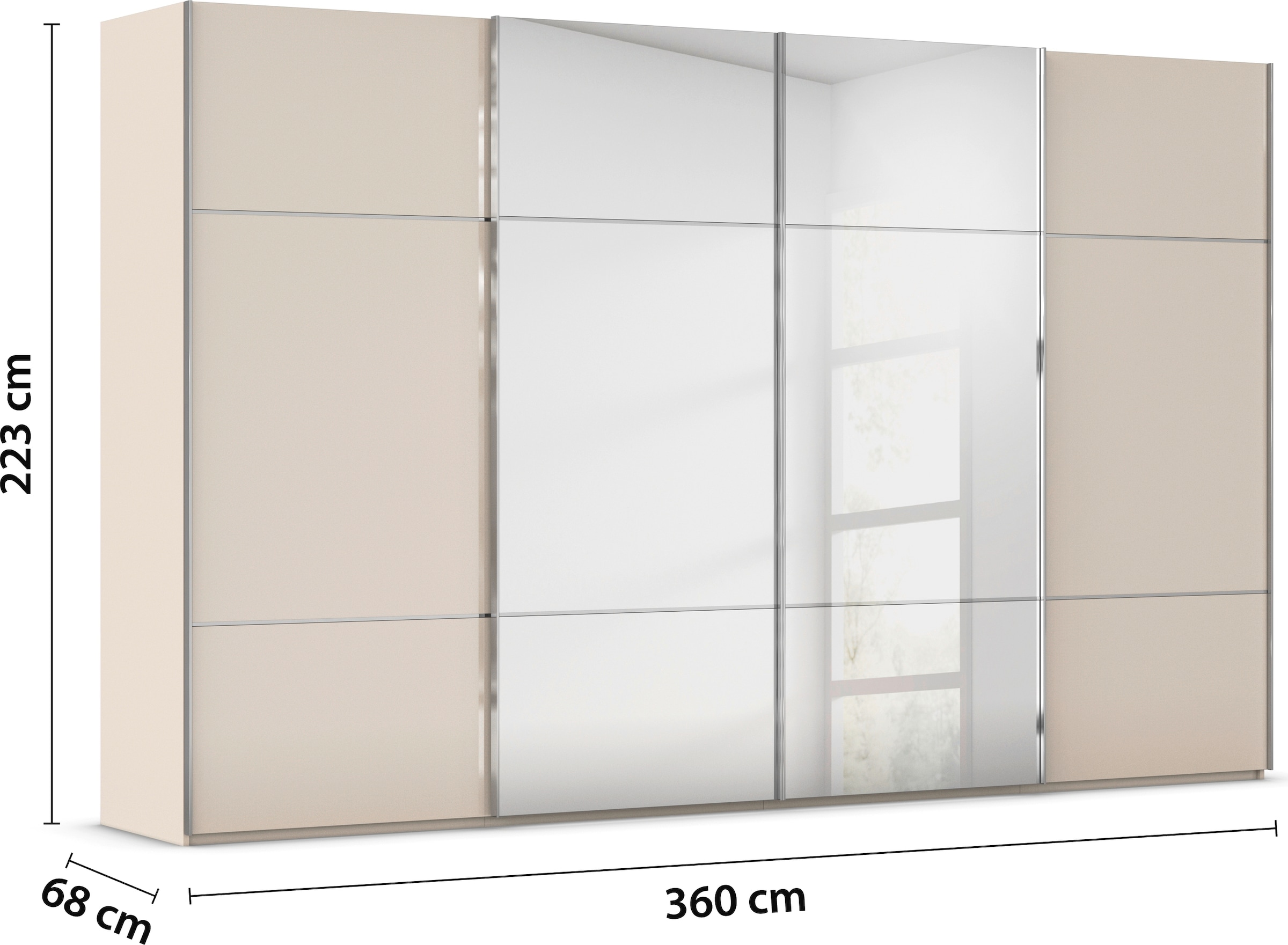 rauch Schwebetürenschrank »Kleiderschrank Schrank Garderobe Schlafzimmerschrank SCALE-TRIO«, edle dreigeteilte Front mit 2 Zierleisten Spiegel/Glas MADE IN GERMANY