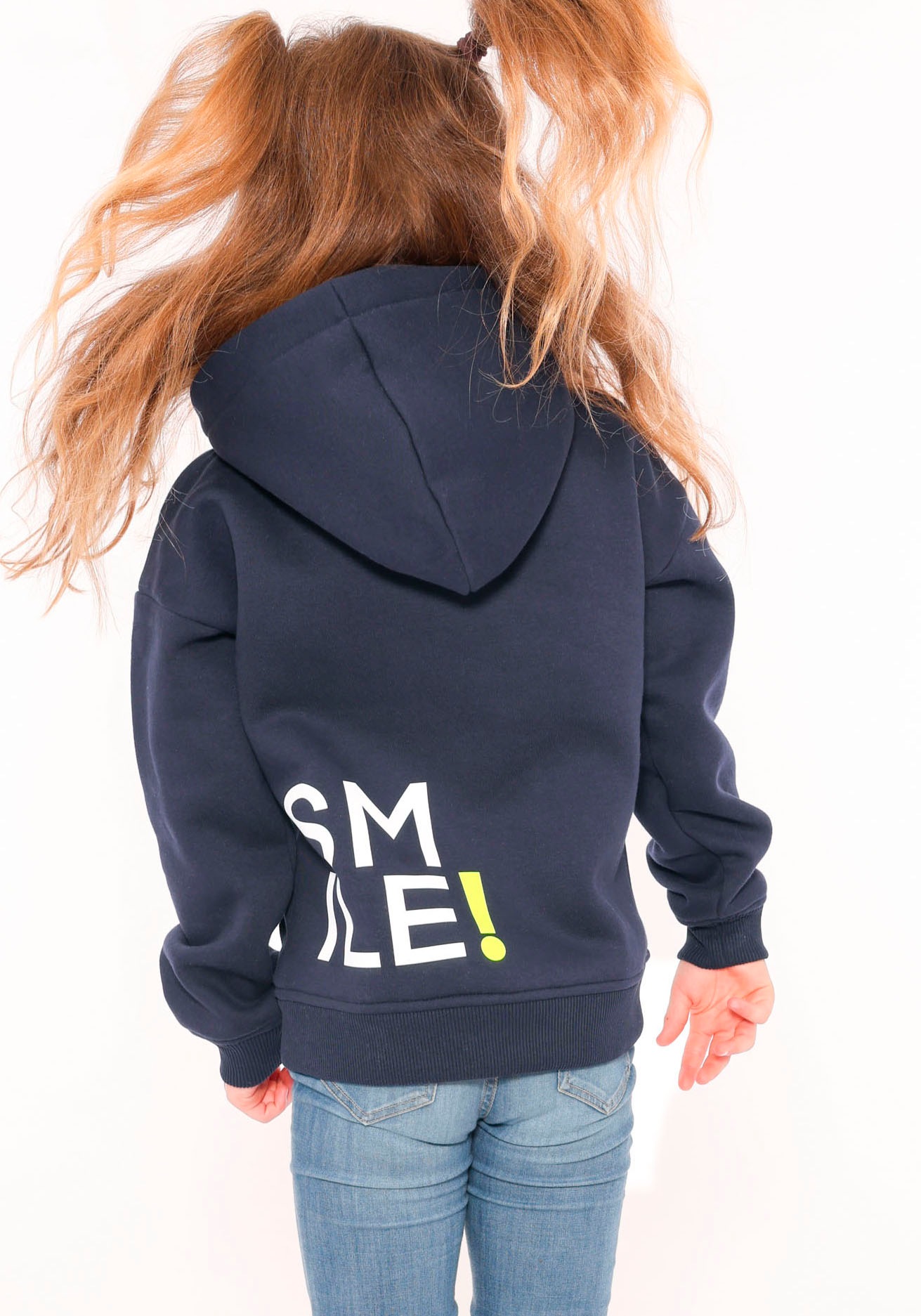 Thumbnail - Zwillingsherz Hoodie ""Alissa-Kids"" mit "Smile"-Aufdruck in Neonfarben und gestickte Smiley
