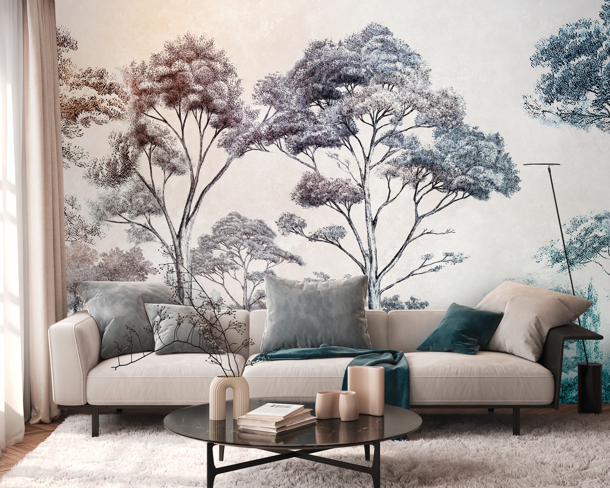 living walls Fototapete "THE WALL III Tapete mit Bäumen Motivtapete Urwald Dschungeloptik" matt glatt Vliestapete Zeichnung für Schlafzimmer Küche Wohnzimmer Bäume Design