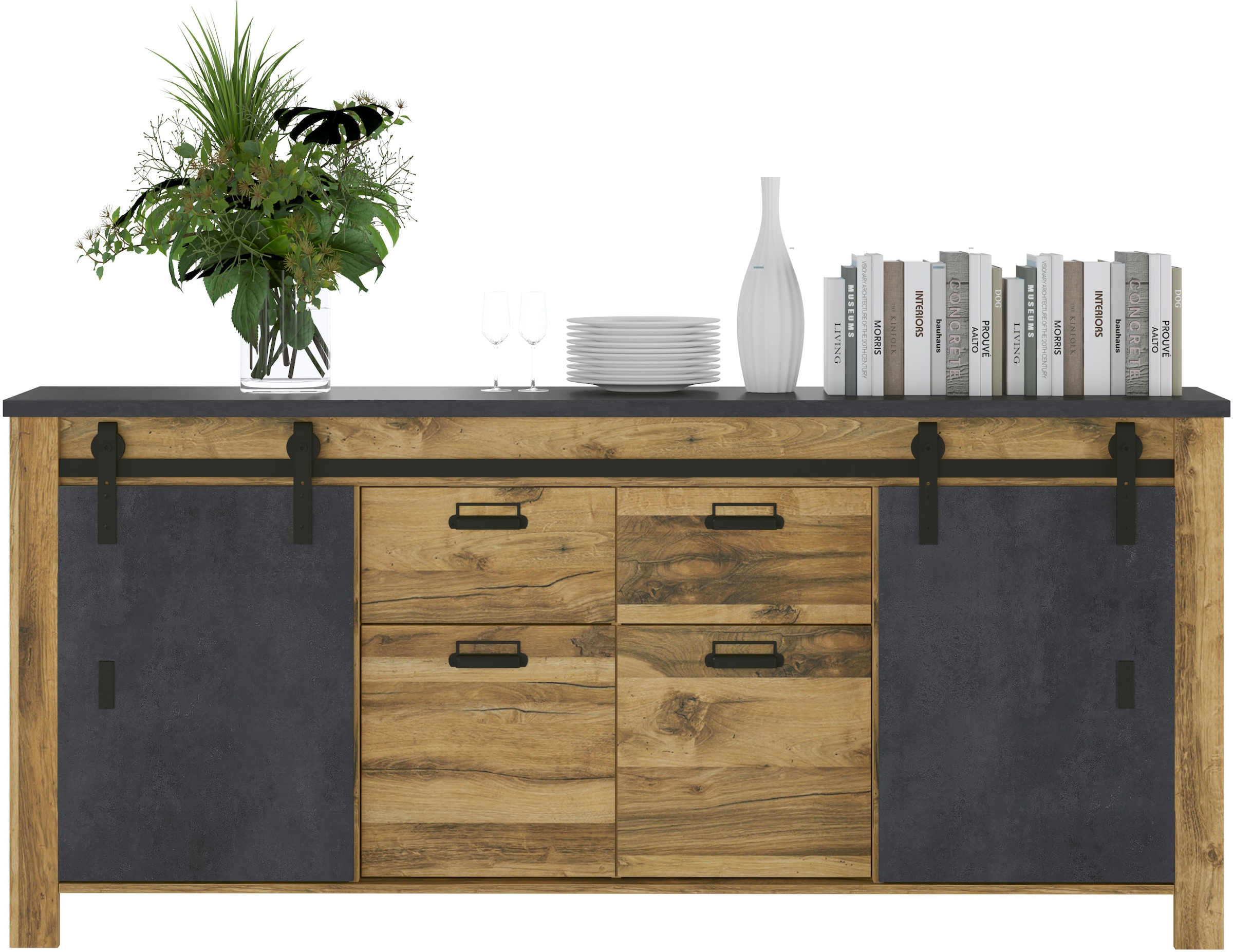 Home affaire Sideboard »York, moderner Schrank, Kommode in Hunton Oak Dekor, Industrialdesign«, mit Scheunentorbeschlägen & Apothekergriffen aus Metall, 201 cm breit