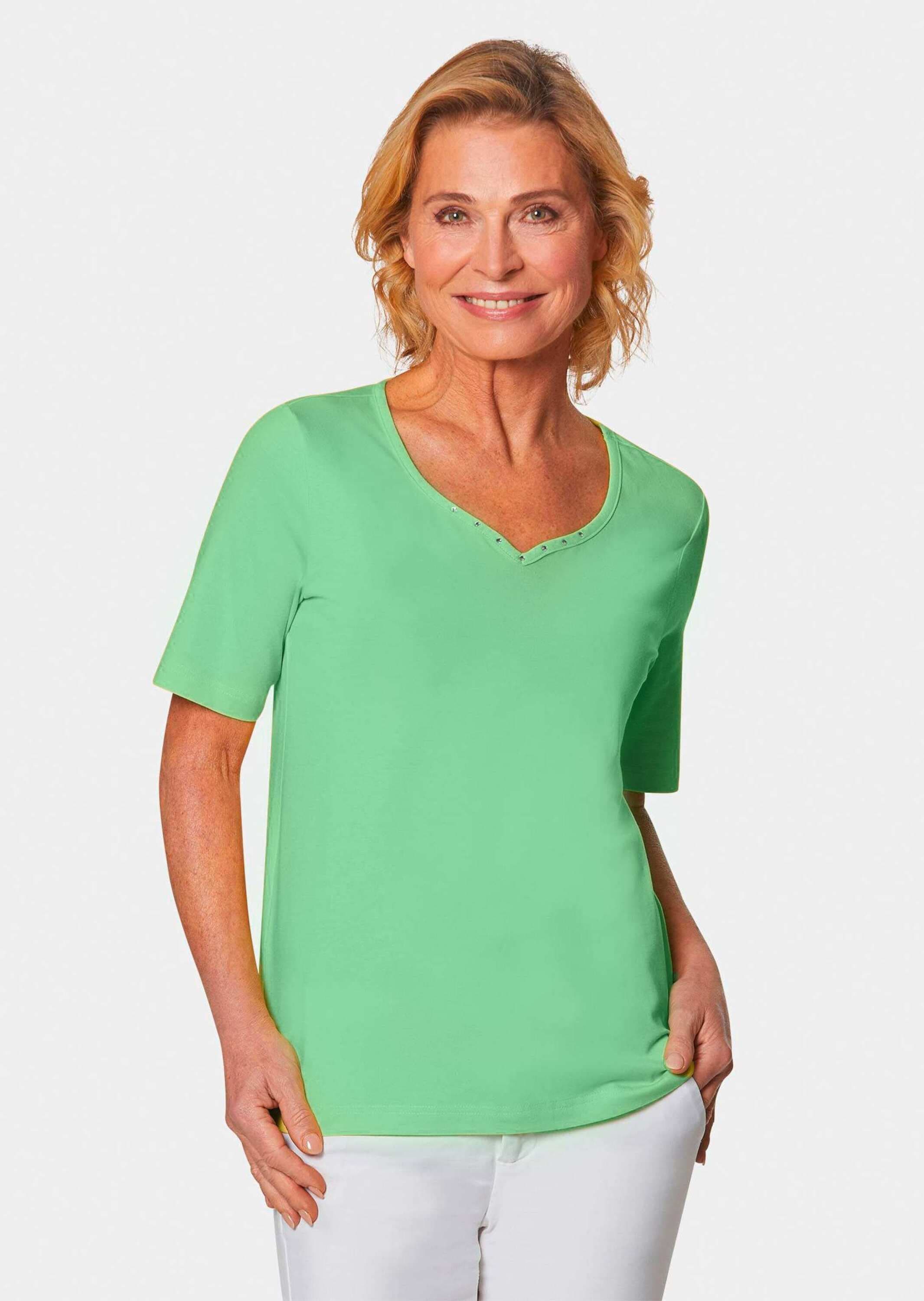 GOLDNER Langarm-Poloshirt »T-Shirt mit charmantem Ausschnitt und Schmucksteinchen«