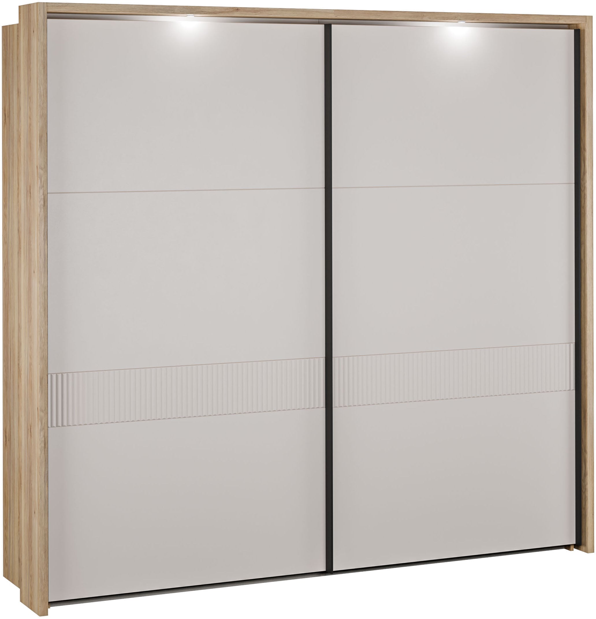 FORTE Schwebetürenschrank »Forte Seravel Schwebetürenschrank, Lamellenoptik, inkl. Beleuchtung« B/H/T 231,1/215,9/63,8 cm, Zubehör optional bestellbar