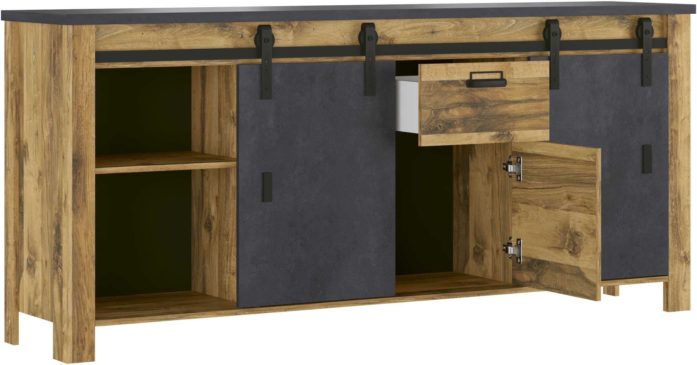 Home affaire Sideboard »York, moderner Schrank, Kommode in Hunton Oak Dekor, Industrialdesign«, mit Scheunentorbeschlägen & Apothekergriffen aus Metall, 201 cm breit