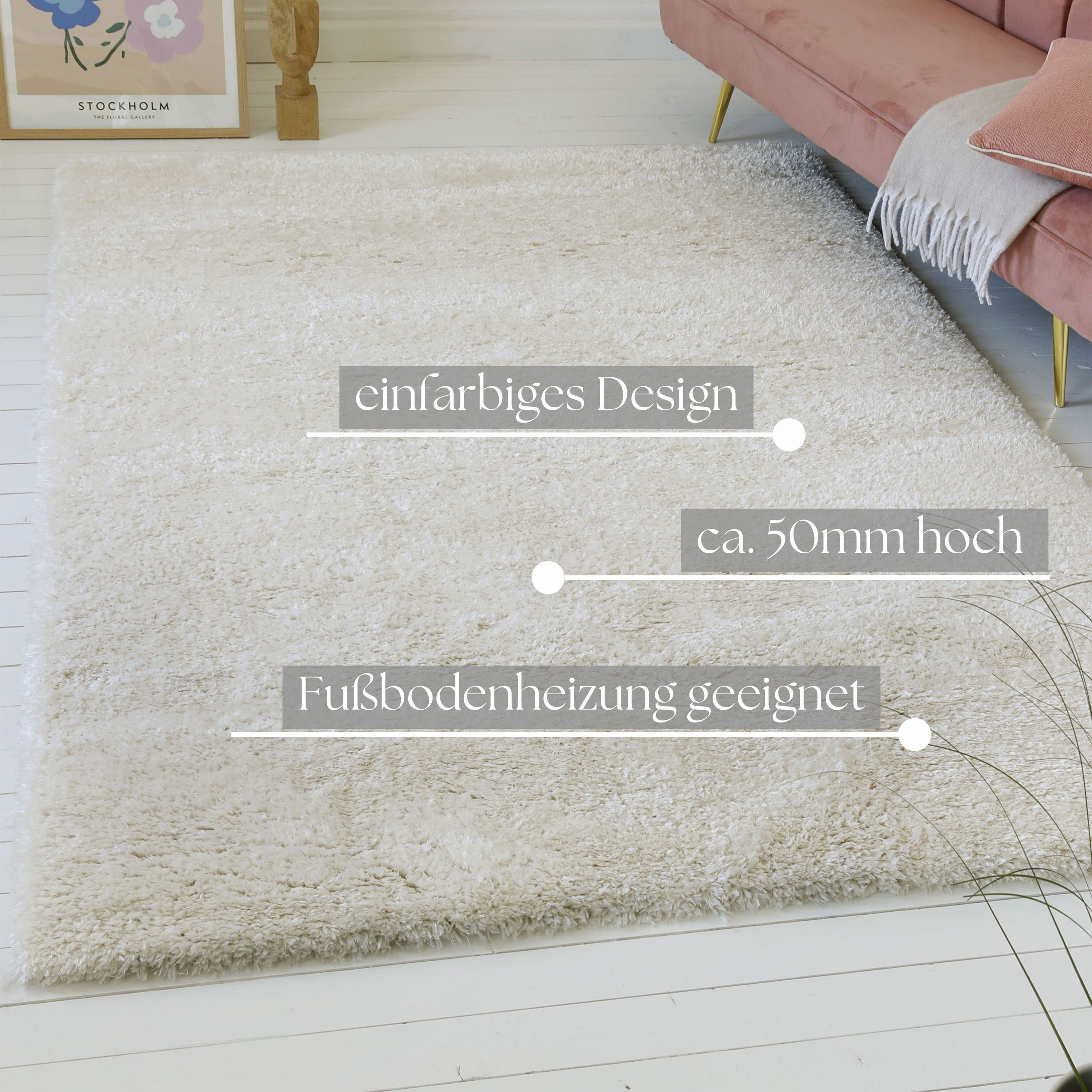 Thumbnail - my home Hochflor-Teppich "Saul", rechteckig, 50 mm Höhe, dichter weicher Langflor, mit Glanz, Shaggy, uni farben, Wohnzi...