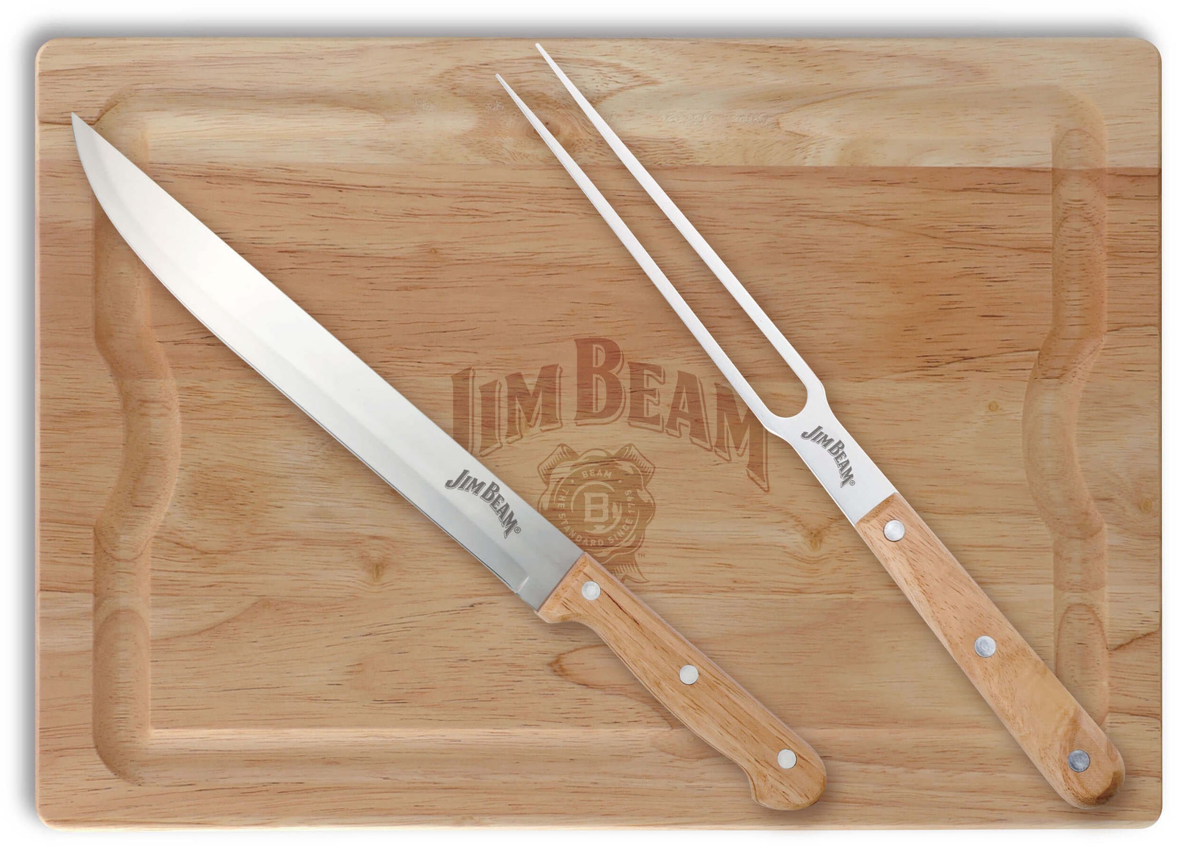 Jim Beam BBQ Schneidebrett »JB0237«, (Set), inkl. Tranchiermesser und Gabel mit Edelstahlklinge und Bambusgriffen