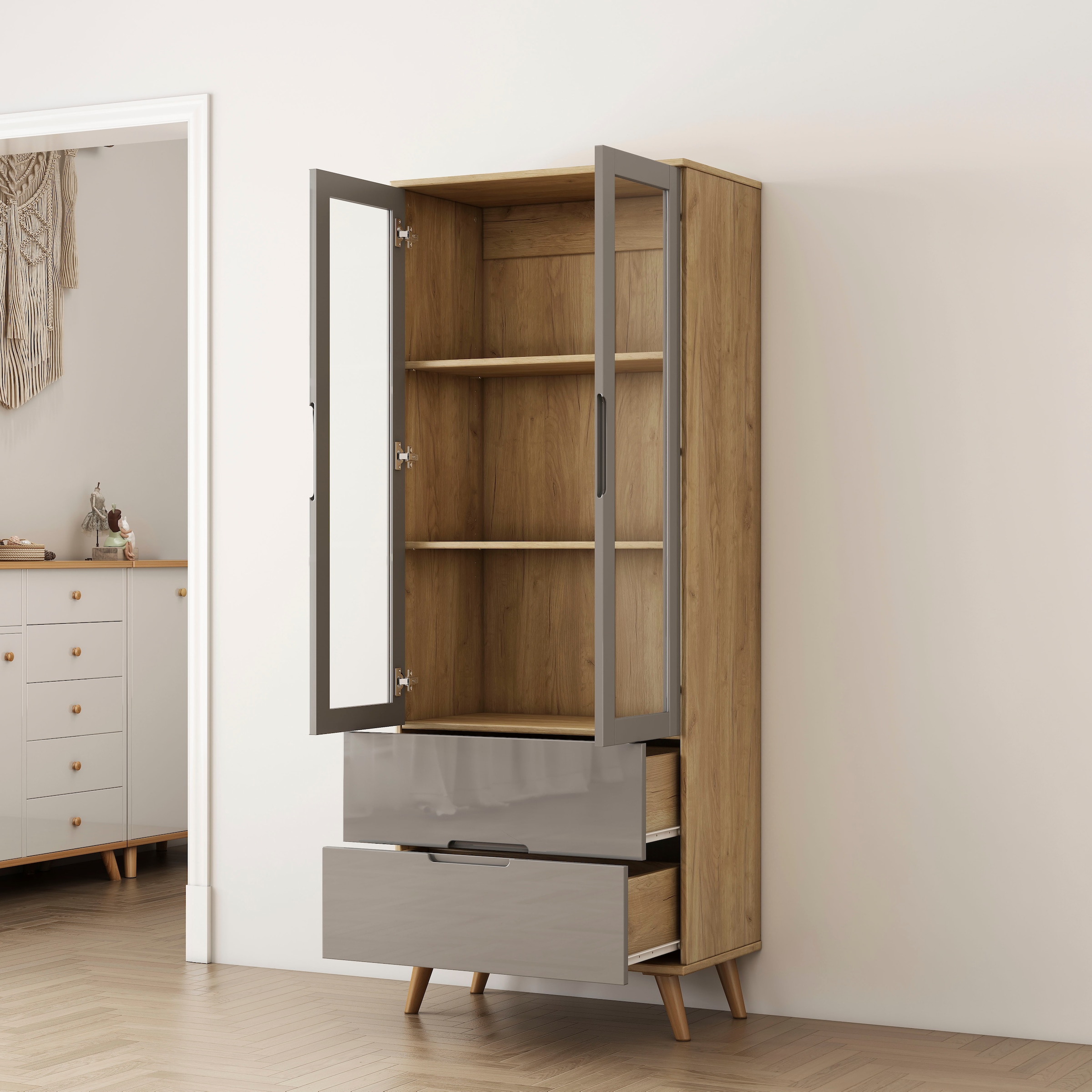 OTTO home Highboard »Lund« mit glänzenden Fronten, Glastüren, helles Holzdekor, Breite 70 cm