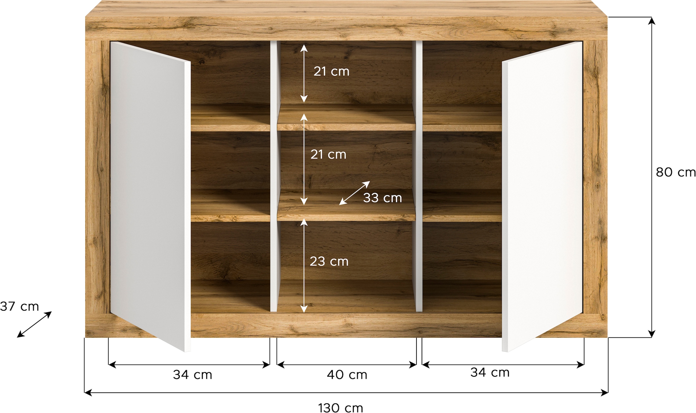 INOSIGN Sideboard »Trinity, Breite 130 cm, 2-türig, 3 offene Fächer, grifflose Fronten«, Anrichte, Kommode, Schrank, Stauraumschrank