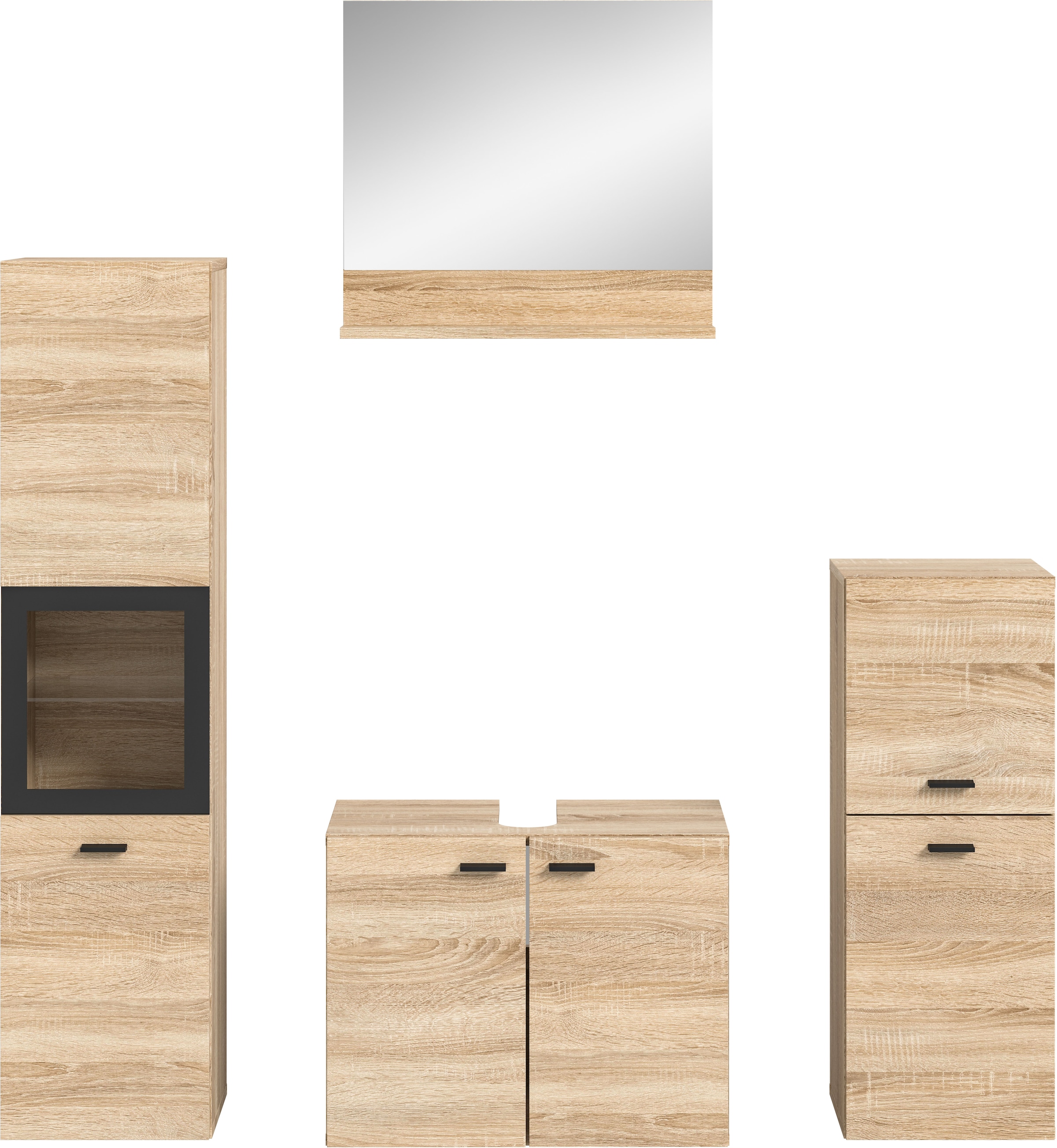 welltime Badmöbel-Set »Tampa, Breite 137cm, 4-teilig«, (4 St.), Waschbeckenunterschrank, Spiegel, Hochschrank, Midischrank