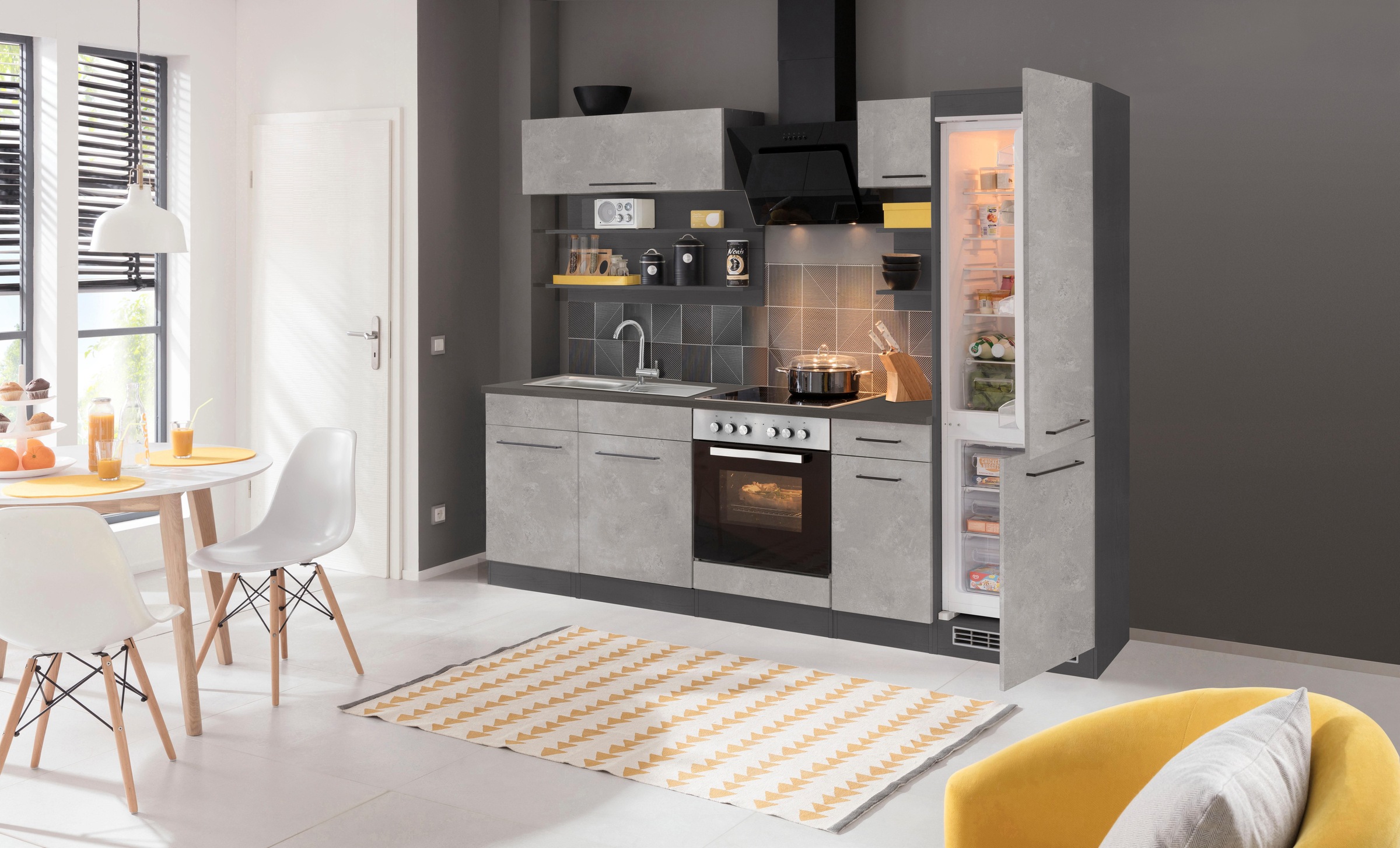 KOCHSTATION Küchenzeile »KS-Tulsa«, mit E-Geräten, Breite 270 cm, schwarze Metallgriffe, MDF Fronten