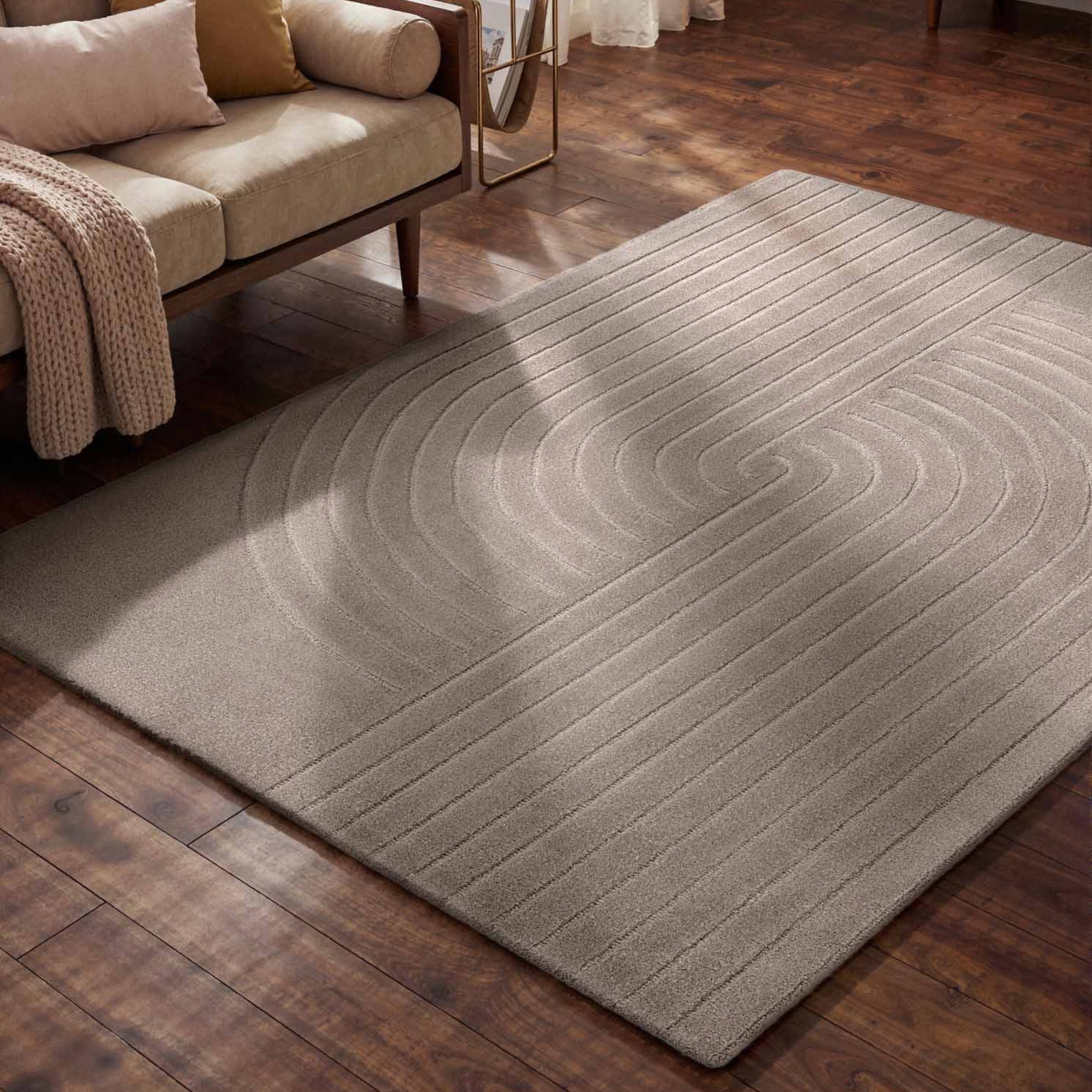 Wollteppich VIKOSA "Arcura", hellgrau, B:160cm H:15mm L:230cm, Wolle, Teppiche, Wolle Handgemacht, Hoch-Tief-Effekt, Geometrisches Linien Wellendesign