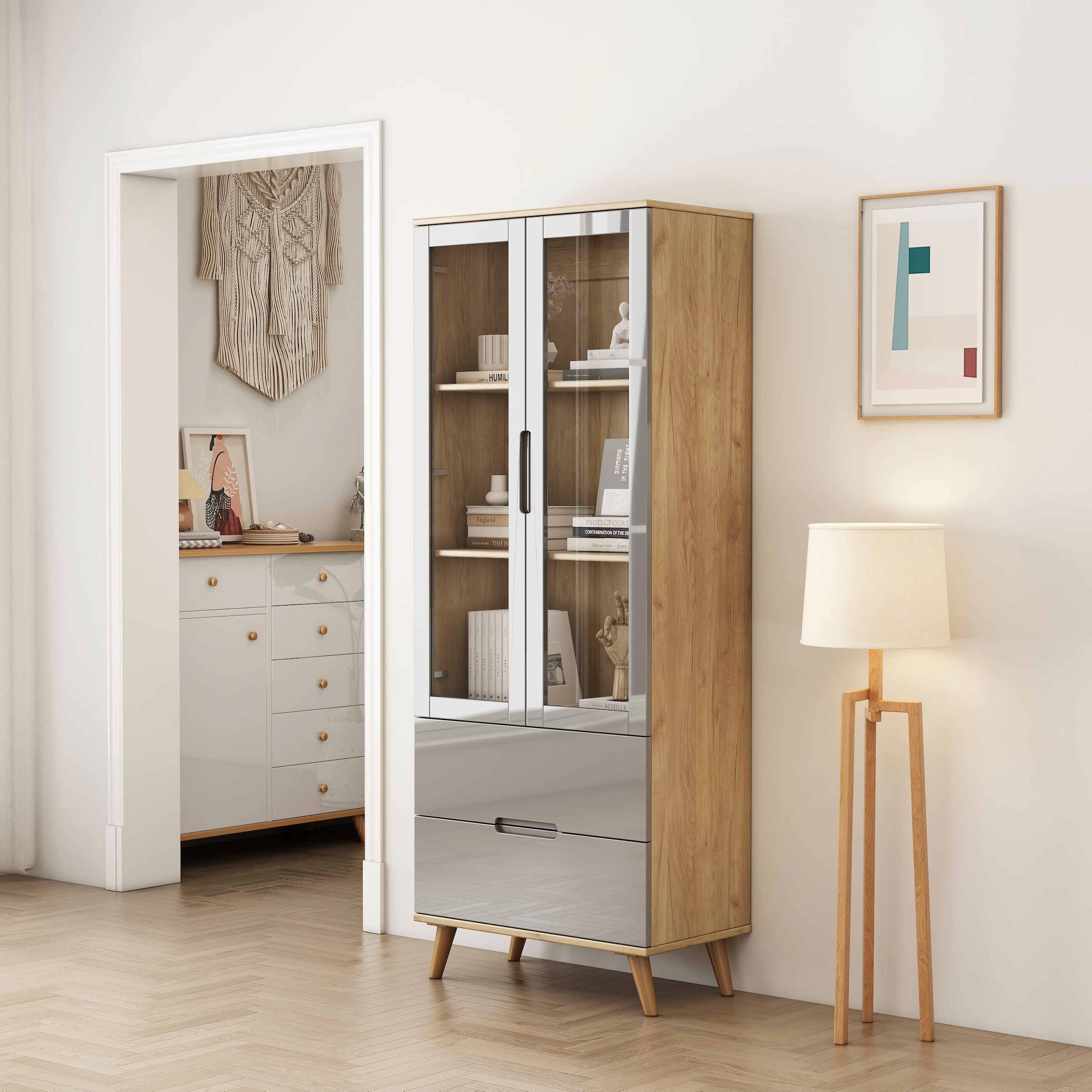 OTTO home Highboard »Lund« mit glänzenden Fronten, Glastüren, helles Holzdekor, Breite 70 cm