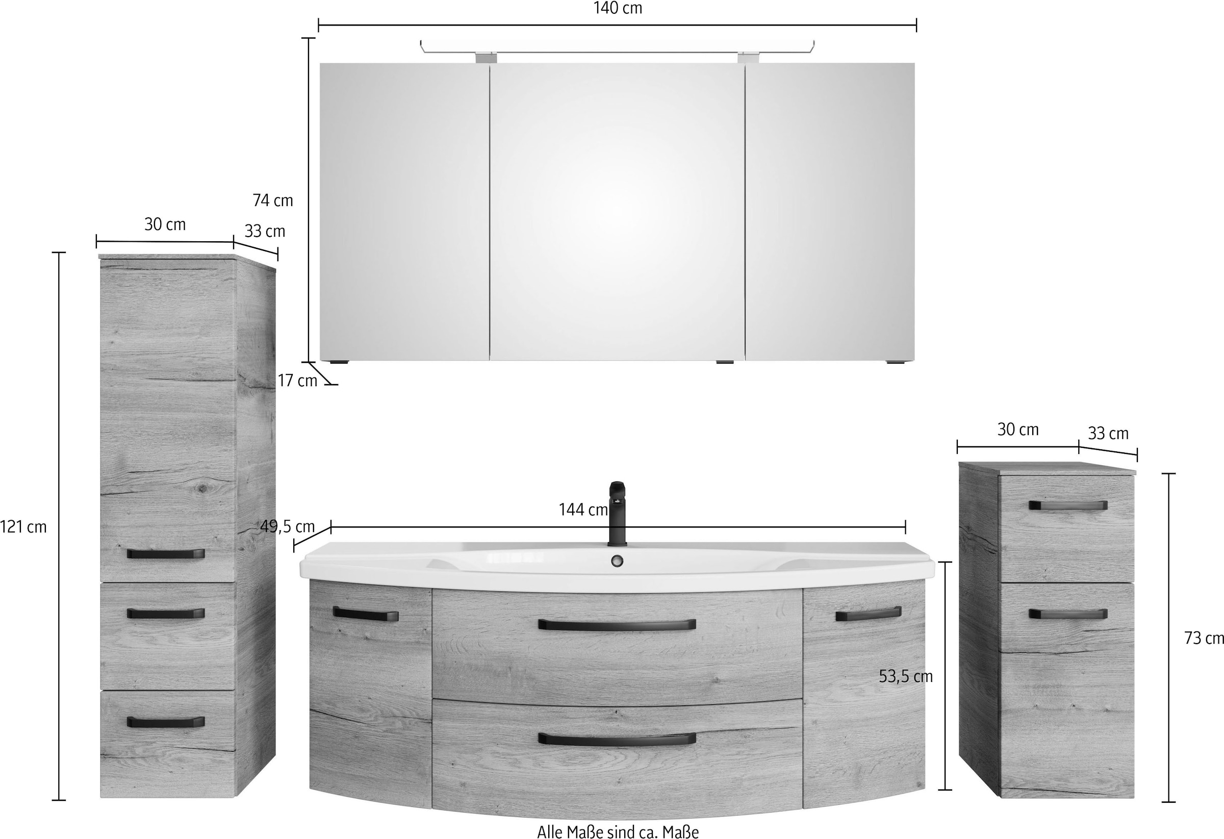 Saphir Badmöbel-Set »Serie 4010 4-teilig Keramik-Waschtisch mit LED-Spiegelschrank«, (Set), Badezimmer Set mit Unterschrank, Midischrank, inkl. Türdämpfer