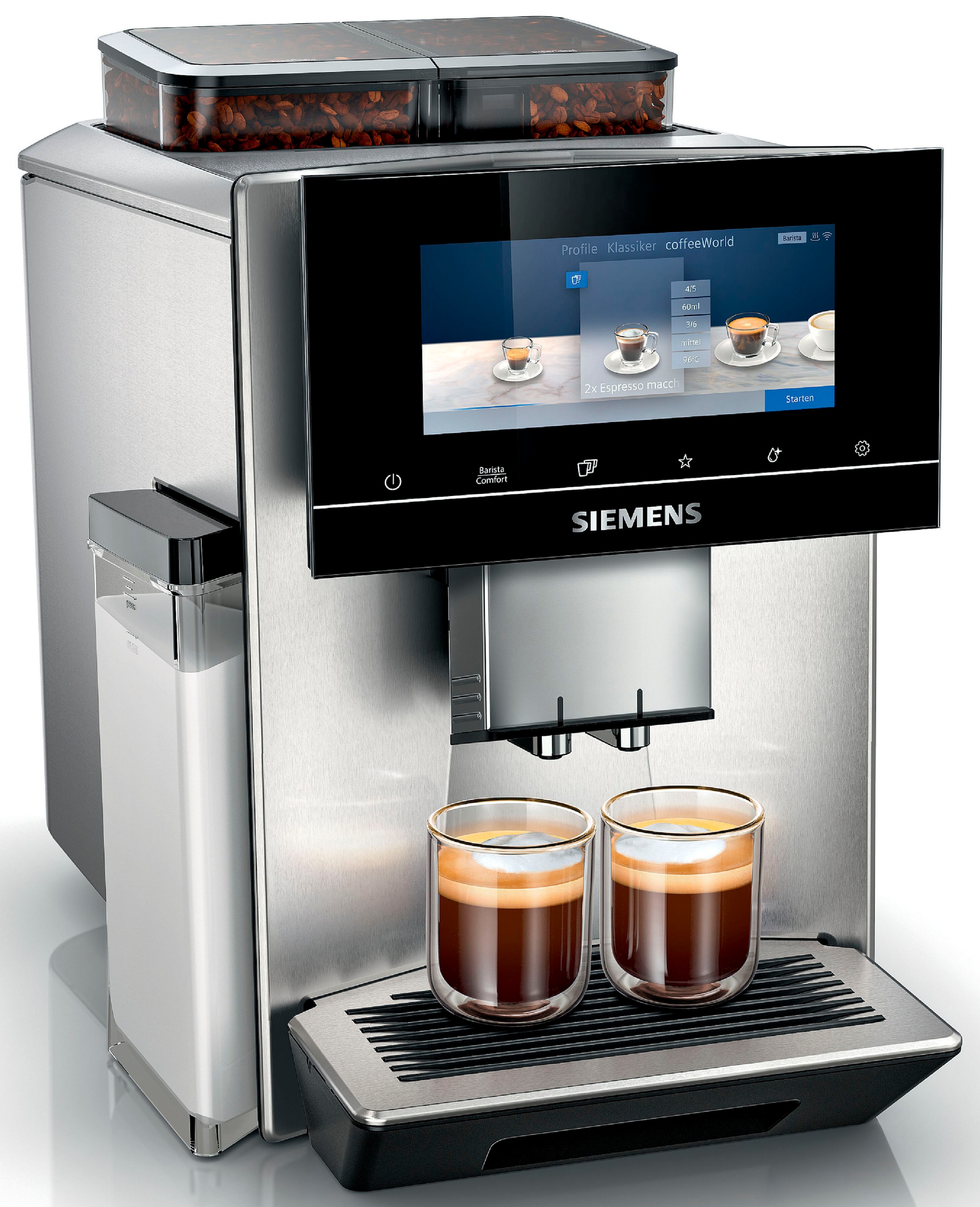 SIEMENS Kaffeevollautomat "EQ900 TQ907D03, intuitives 6,8" TFT-Display, 2 Bohnenbehälter", Barista-Modus, App, Geräuschr