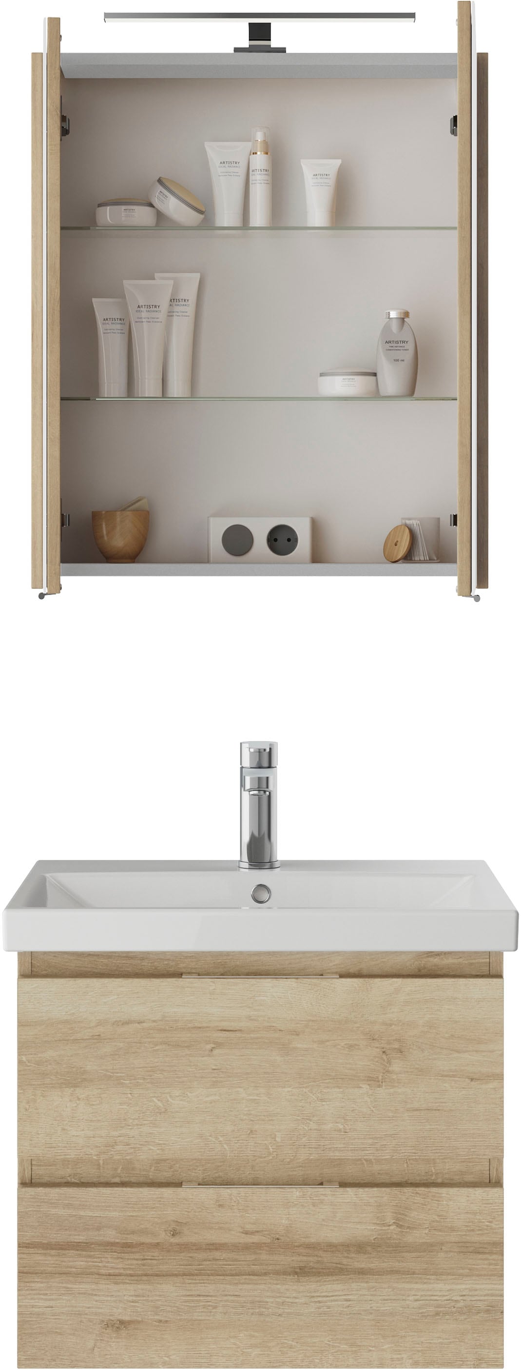 Saphir Badmöbel-Set »Serie 4035 2-teilig, Keramikwaschtisch mit LED-Spiegelschrank«, (Set), 60 cm breit, inkl. Türdämpfer, 2 Schubladen, 2 Türen, 2 Einlegeböden