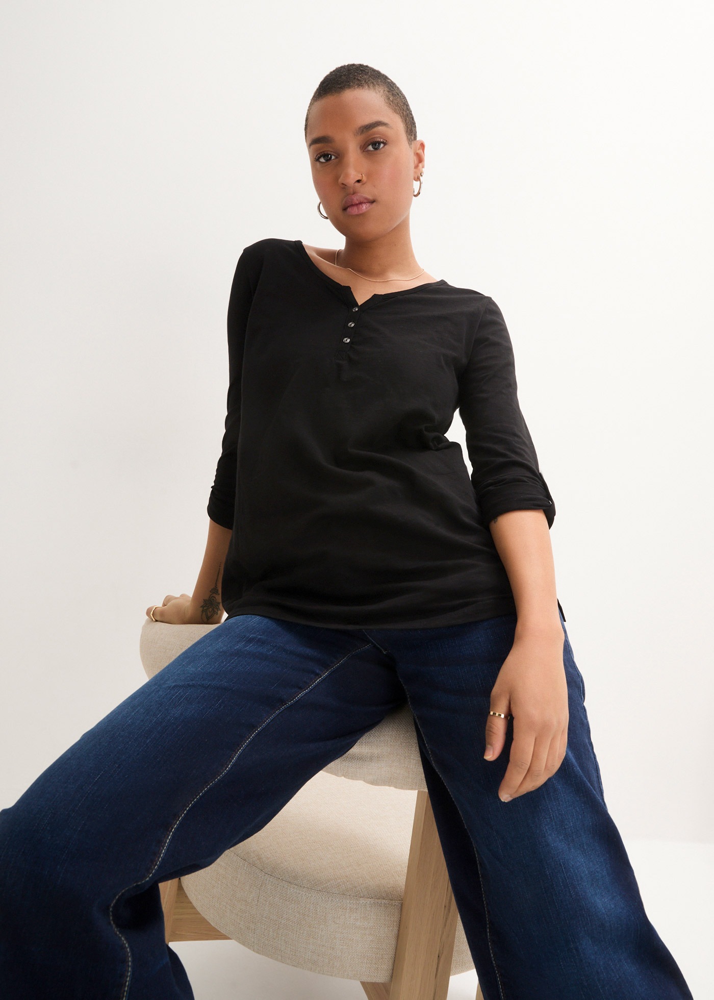 bonprix Langarmshirt 1 tlg. gerade Passform, verstellbare Ärmel, mit V-Auss günstig online kaufen