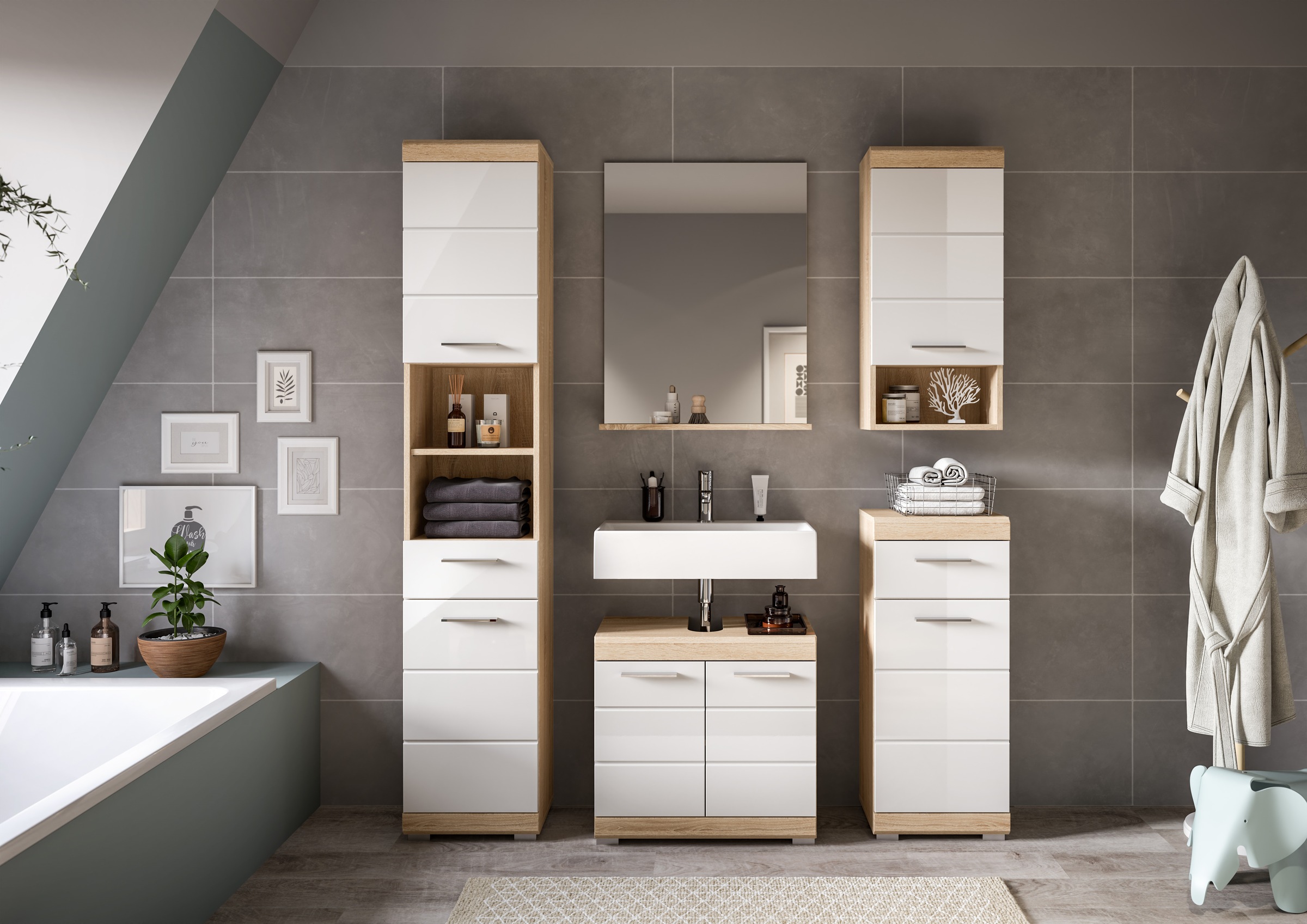 INOSIGN Badmöbel-Set »Siena, 5 teilig, bestehend aus:«, (Set, 5 St.), Hochschrank, WBU, Spiegel, Unterschrank, Hängeschrank