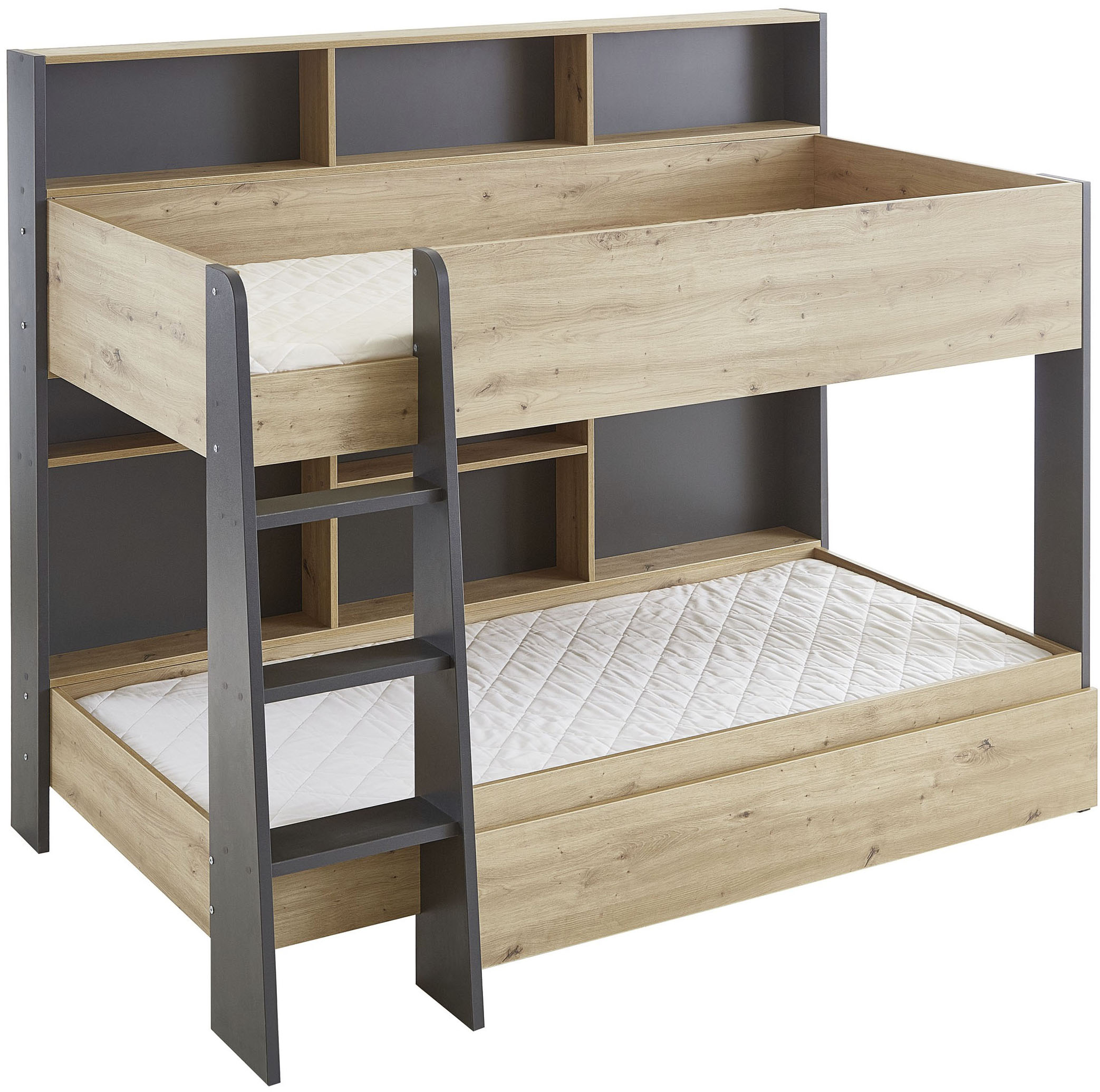 Relita Etagenbett "Sely, viel Funktion auf kleinem Raum, 2 Liegeflächen, modernes Design" viele Regalfächer an der Bettrückseite, inkl. Schublade auf Rollen, viel Stauraum, pflegeleichte Melamin Oberfläche, 3 Farben zur Wahl