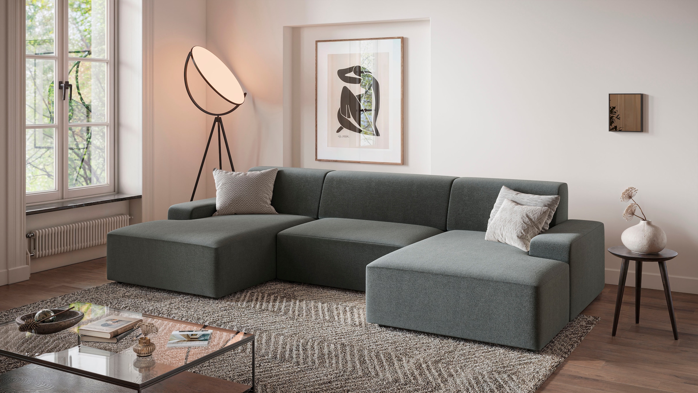 TRENDMANUFAKTUR Wohnlandschaft "Wien, wahlweise mit Sitzvorschub und Bettkasten, Breite 329 cm" U-Form, in trendigem Cordstoff