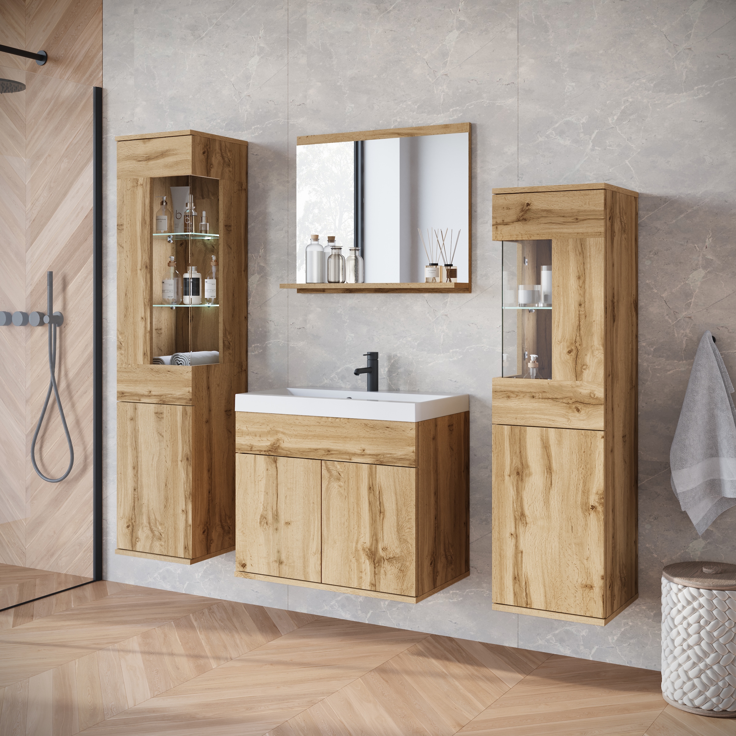 INOSIGN Badmöbel-Set »Kenia«, (Set, 5 St.), Modernes Badmöbel-Set mit viel Stauraum und Glaseinsatz