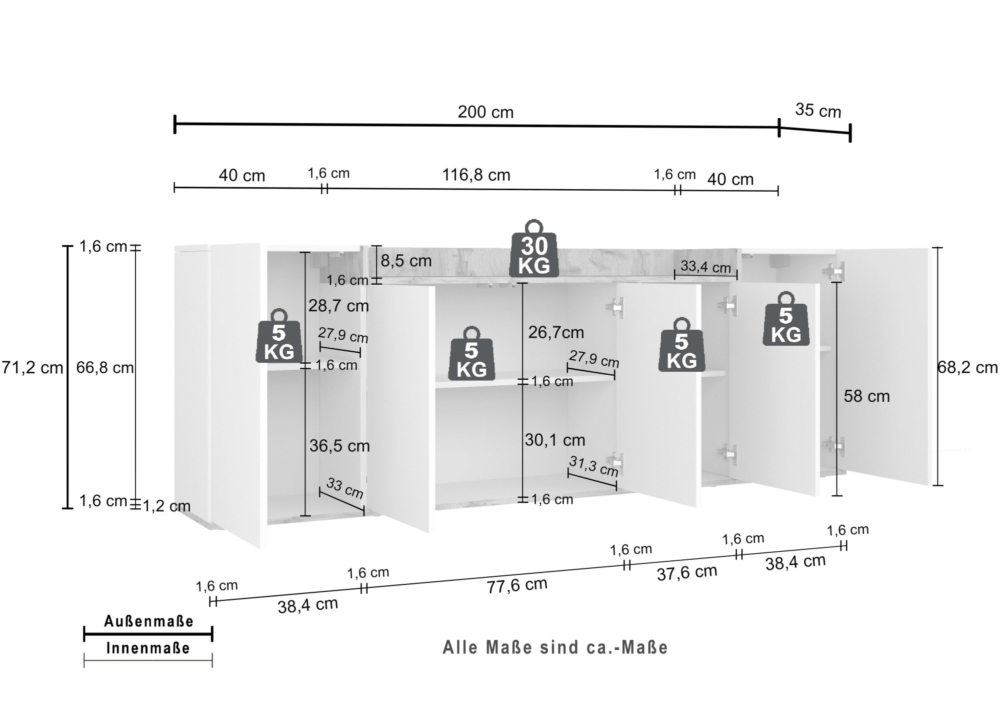OTTO home Sideboard »BOLSENA, Kommode, Schrank,Lowboard mit 8 Fächer und offenes Ablagefach« 1 Stk. tlg. Breite 200 cm,stehend/hängend,Fronten Hochglanz lackiert,Made in Italy