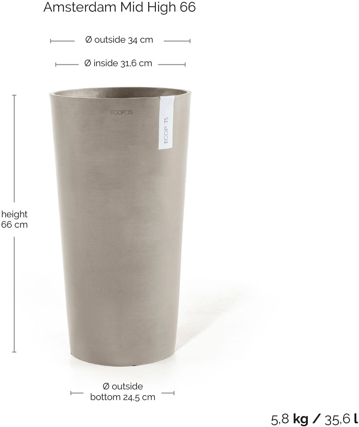 ECOPOTS Blumentopf »AMSTERDAM MID HIGH Taupe« BxTxH: 34x34x66 cm