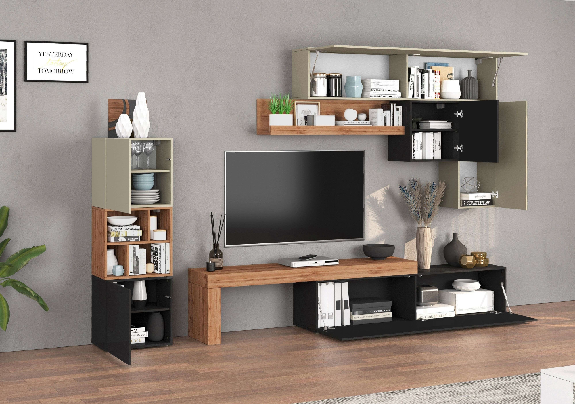 INOSIGN Wohnwand »Chronos Wohnwand, Medienwand, 8-er set«, (Set, 8 St.), ca. 320 cm mit Hängeschränke, Würfel, Regal, Lowboard, Made in Italy