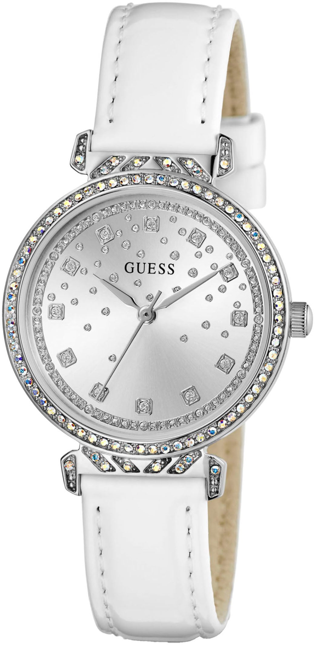 Guess Quarzuhr »ENCHANTMENT«, Armbanduhr, Damenuhr, Kristallsteine, Mineralglas, Lederarmband
