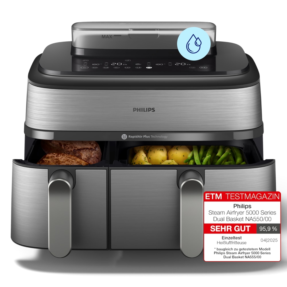 PHILIPS Heißluftfritteuse "NA555/00 Steam Airfryer 5000 Series Dual Basket, 9L Kapazität (3L+6L)", silber (silber, edelstahl), B:44,39cm H:38,25cm T:3