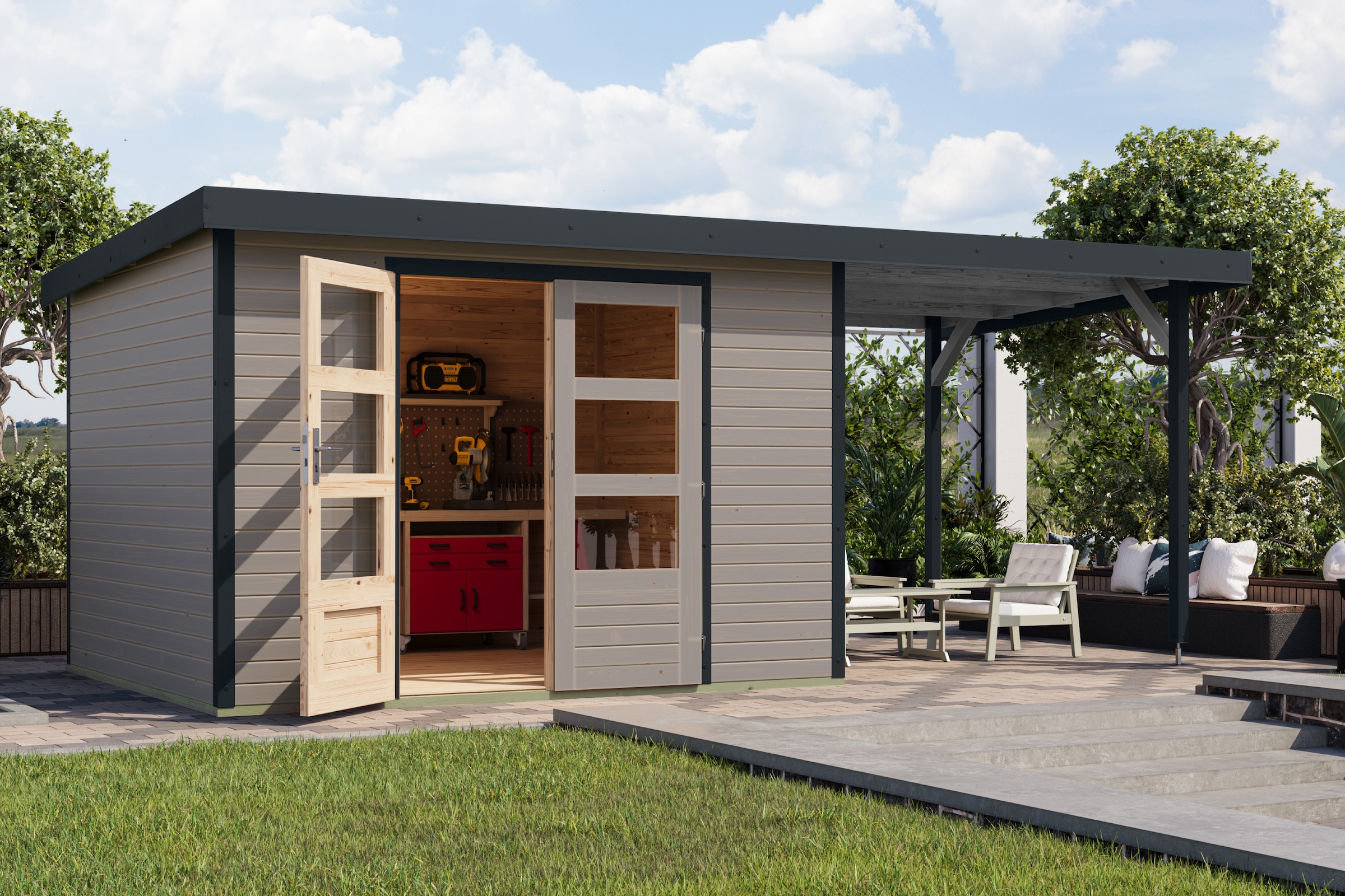 Karibu Gartenhaus "Jupiterino 5 SET, in verschiedenen Farben" inkl. Anbaudach